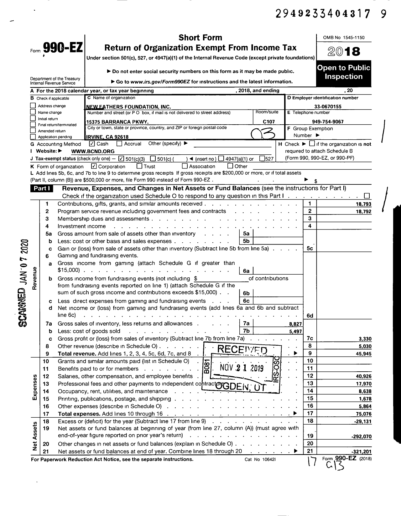 Image of first page of 2018 Form 990EZ for New Fathers Foundation