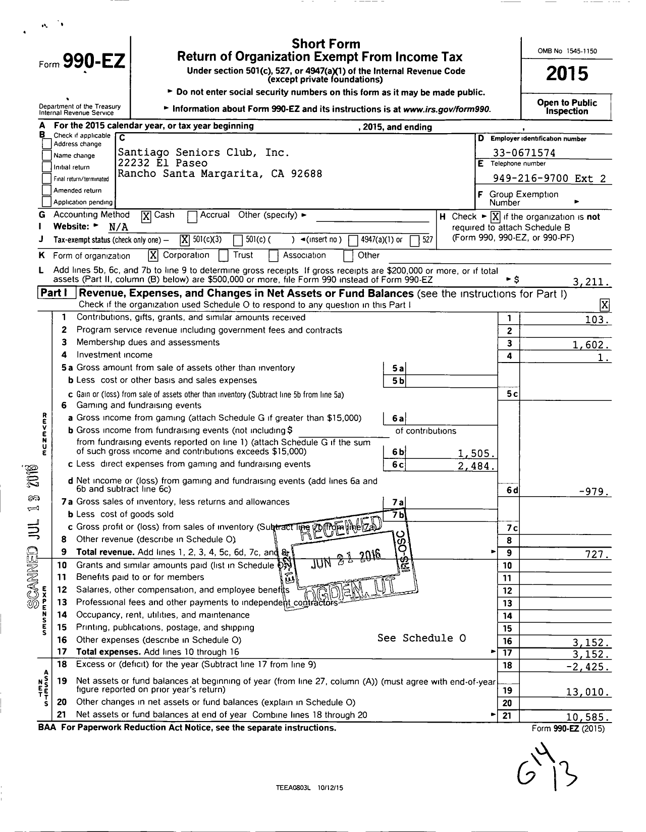 Image of first page of 2015 Form 990EZ for Santiago Seniors Club