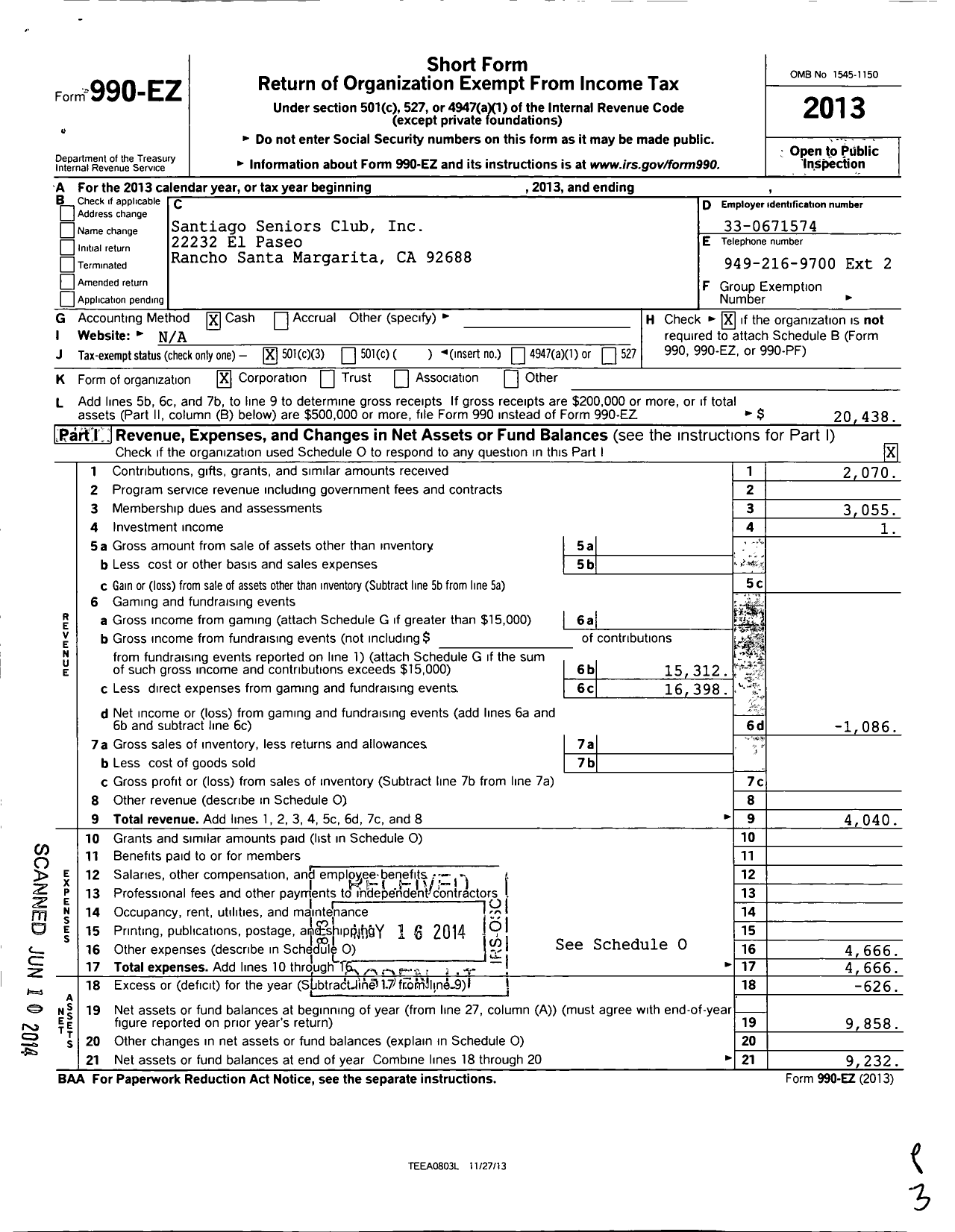 Image of first page of 2013 Form 990EZ for Santiago Seniors Club