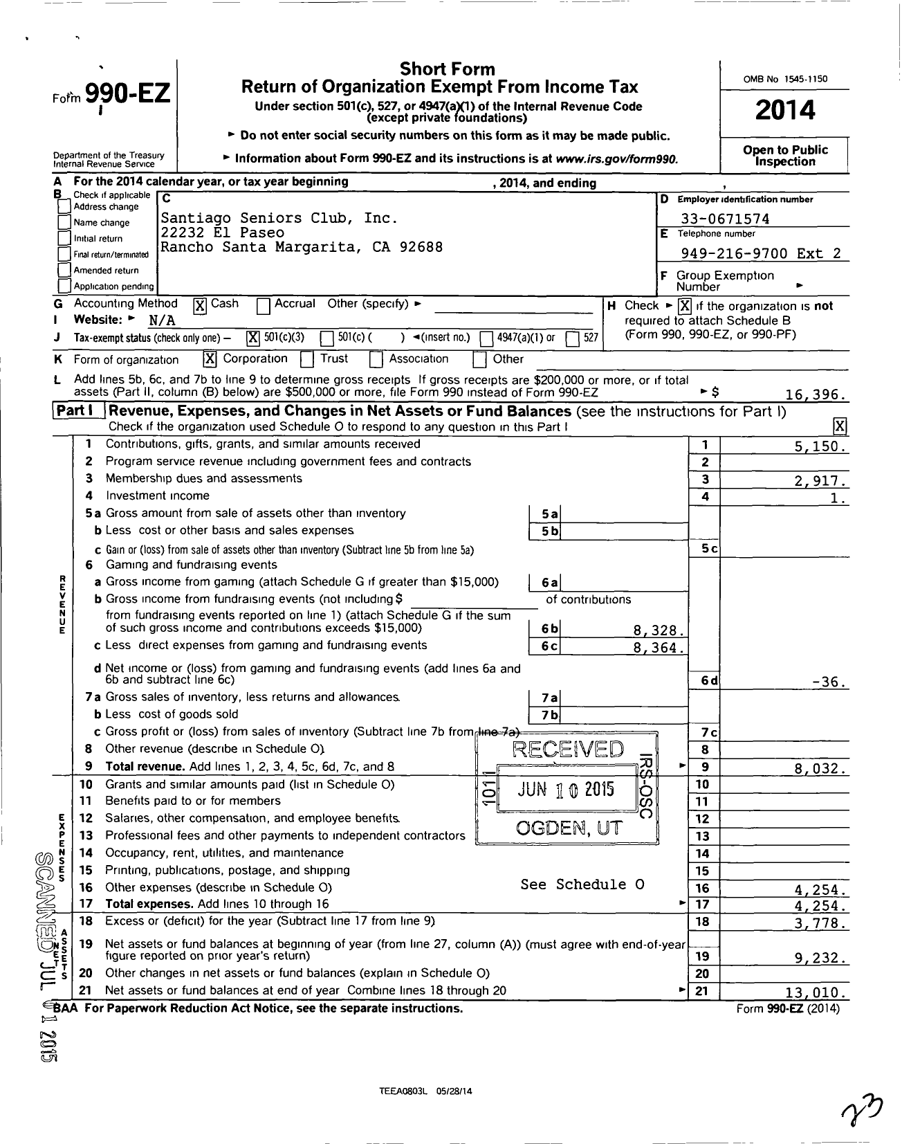 Image of first page of 2014 Form 990EZ for Santiago Seniors Club