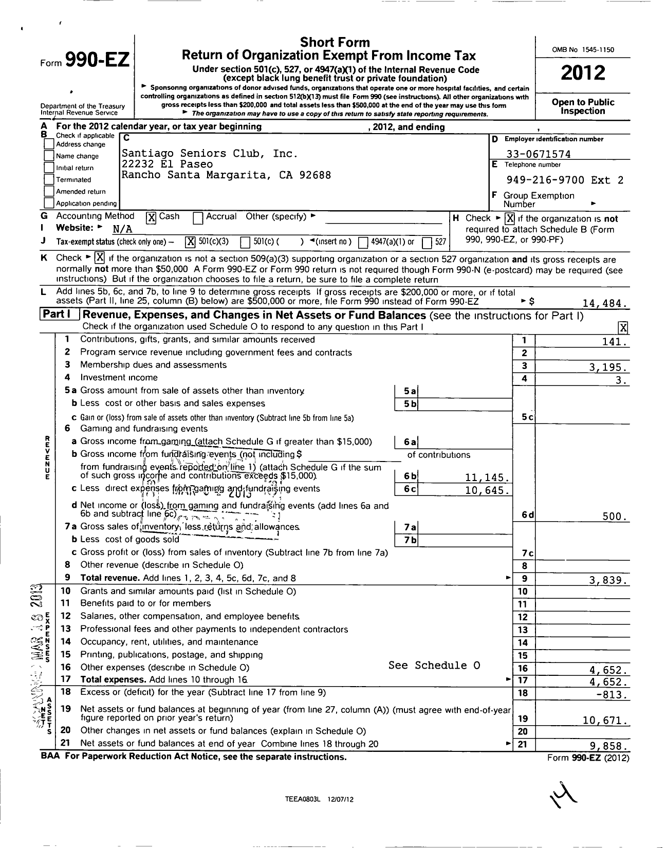 Image of first page of 2012 Form 990EZ for Santiago Seniors Club