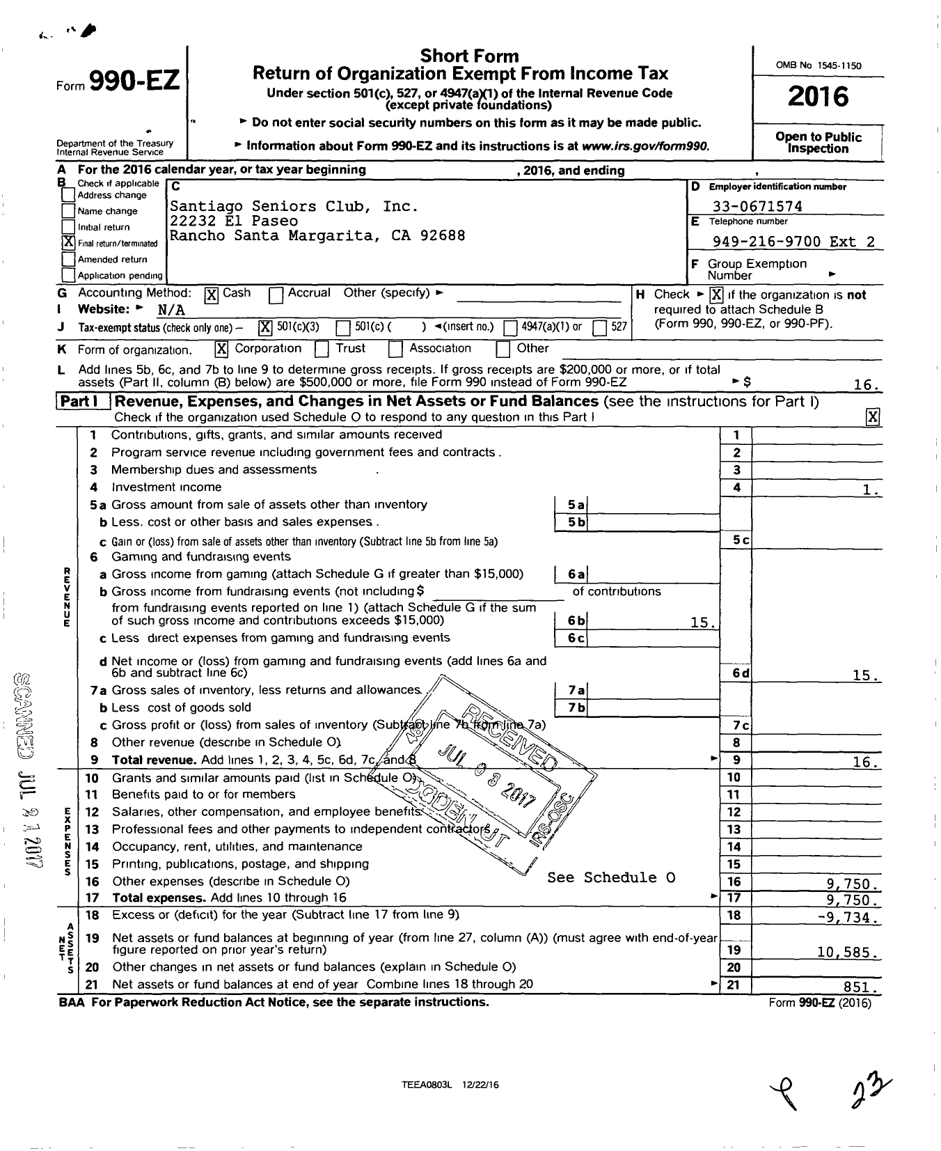 Image of first page of 2016 Form 990EZ for Santiago Seniors Club