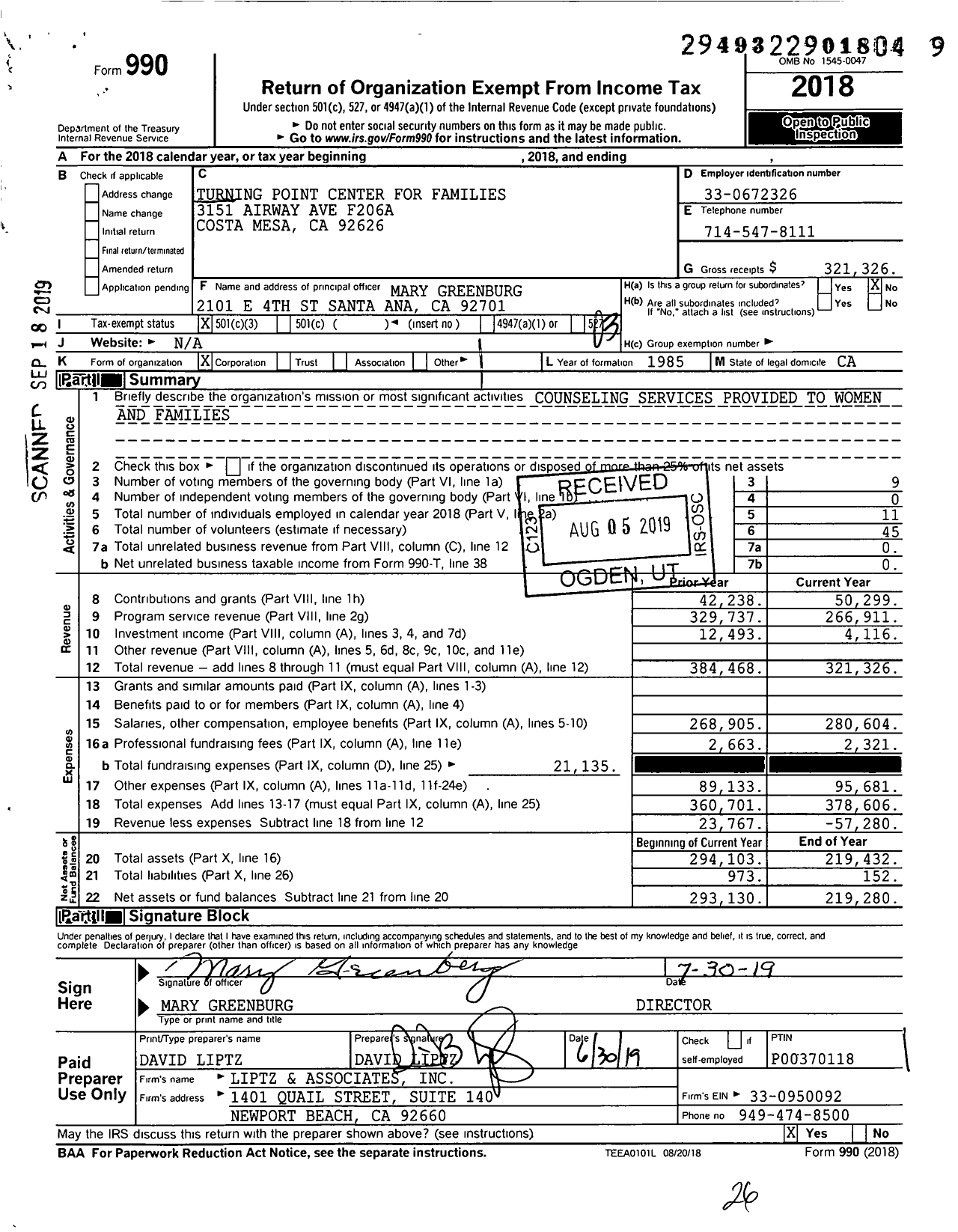 Image of first page of 2018 Form 990 for Turning Point Center for Families