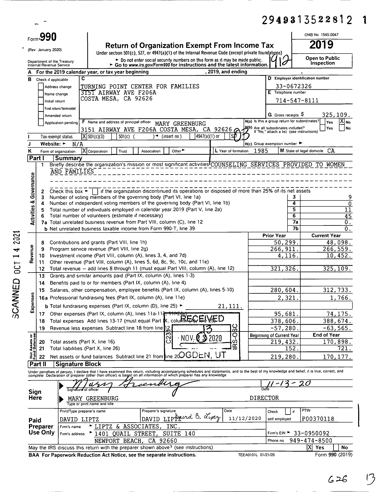 Image of first page of 2019 Form 990 for Turning Point Center for Families