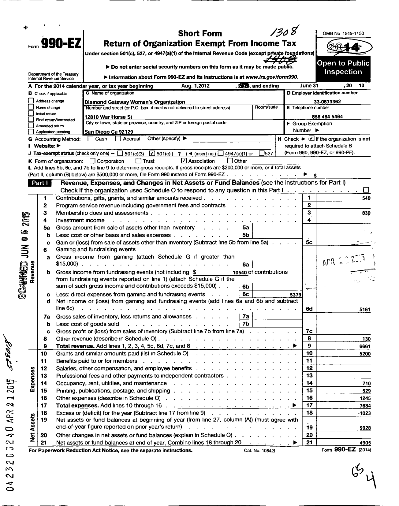 Image of first page of 2012 Form 990EO for Diamond Gateway Womens Organization