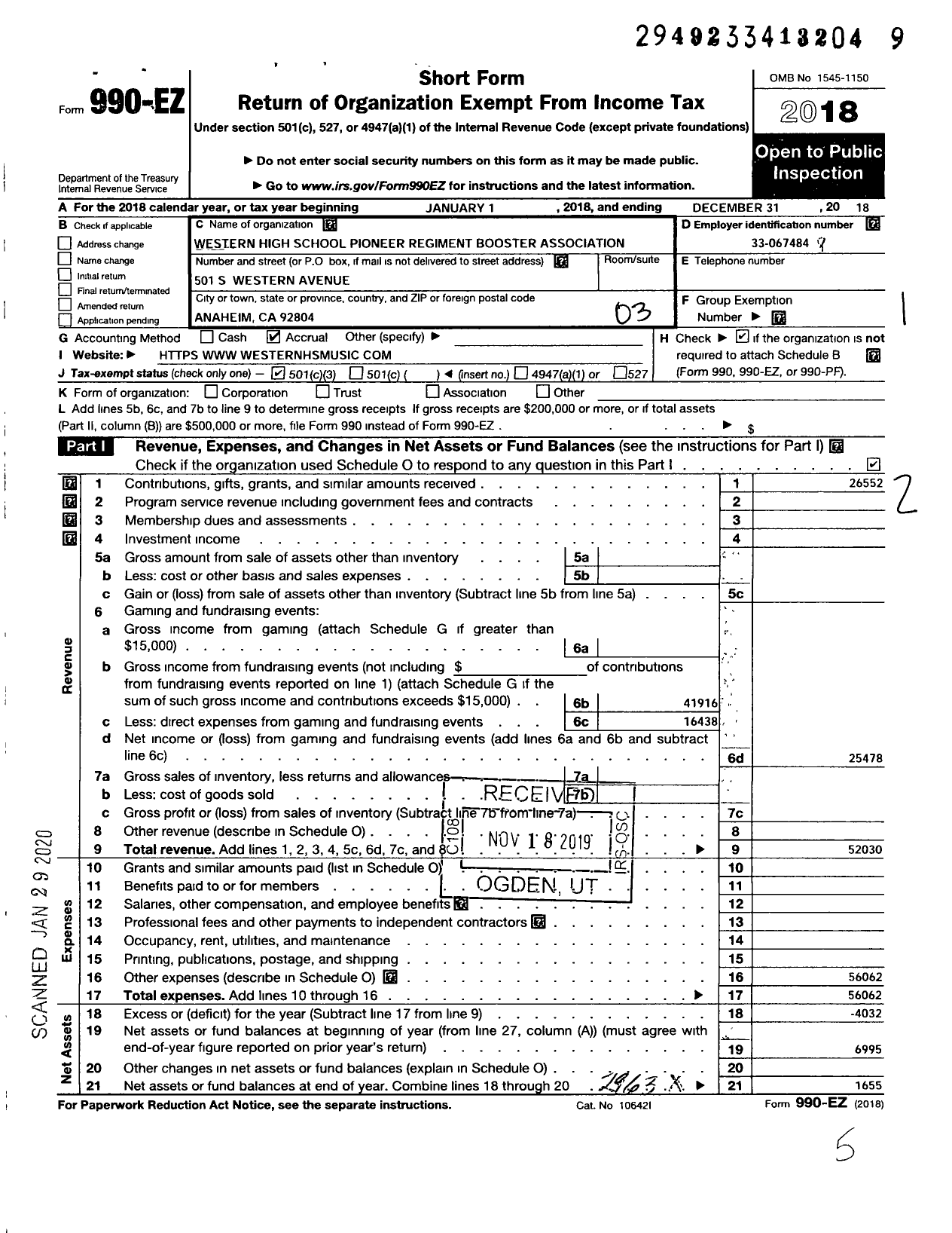 Image of first page of 2018 Form 990EZ for Western High School Pioneer Regiment Booster Association