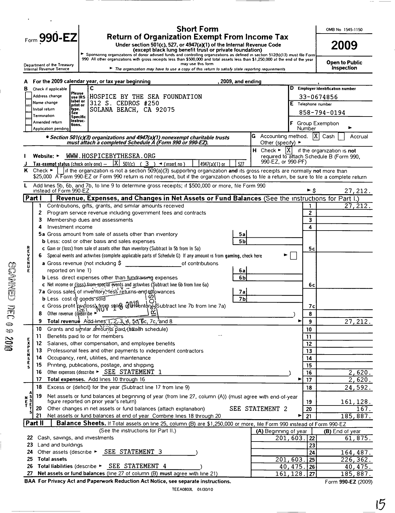 Image of first page of 2009 Form 990EZ for Hospice By the Sea Foundation