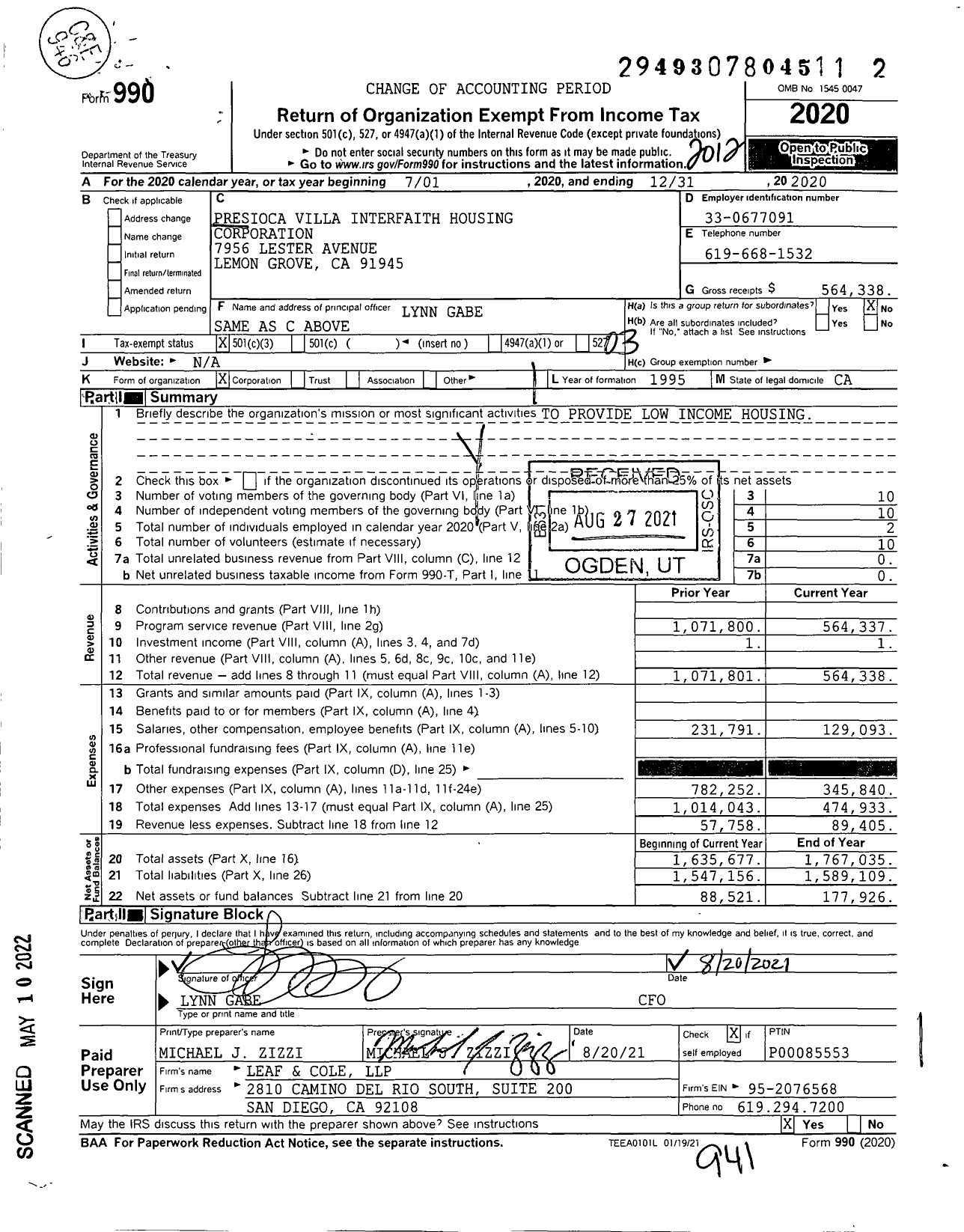 Image of first page of 2020 Form 990 for Presioca Villa Interfaith Housing Corporation