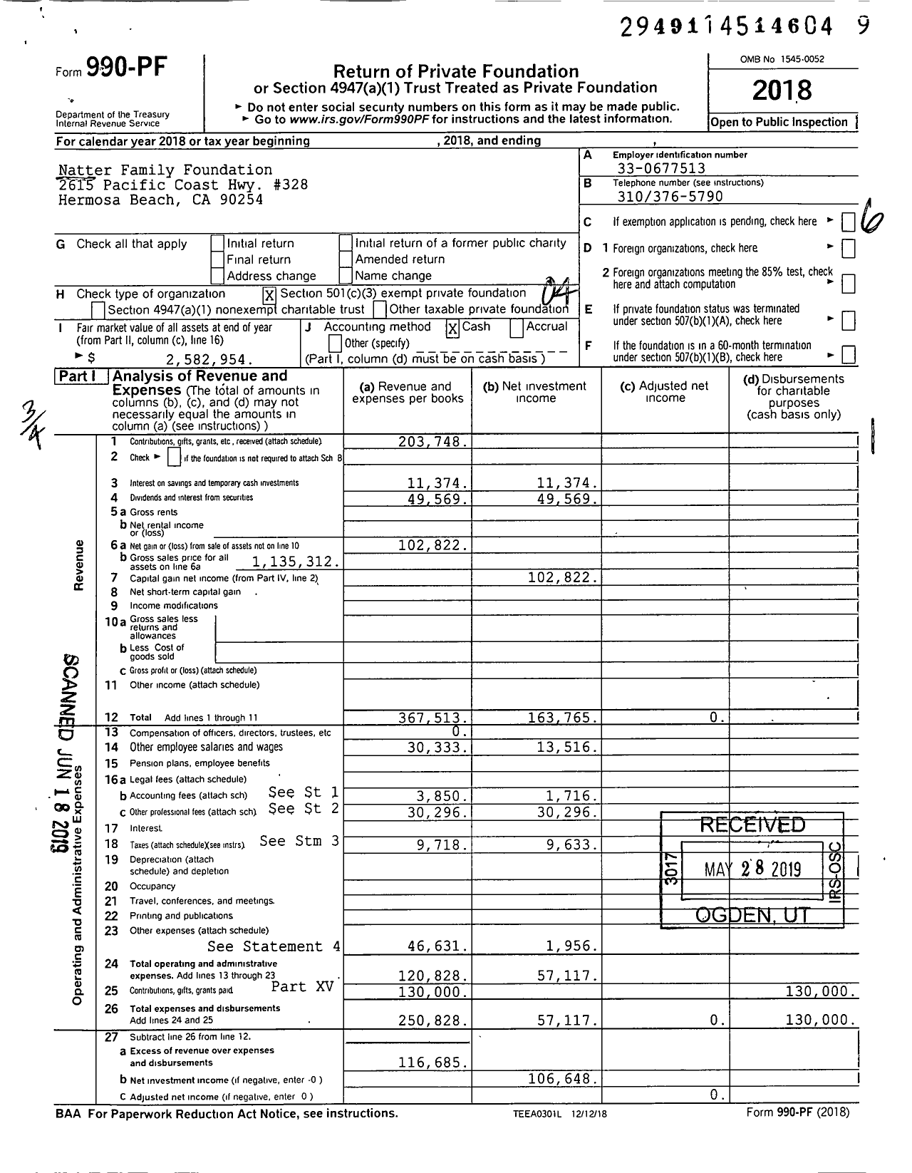 Image of first page of 2018 Form 990PF for Natter Family Foundation