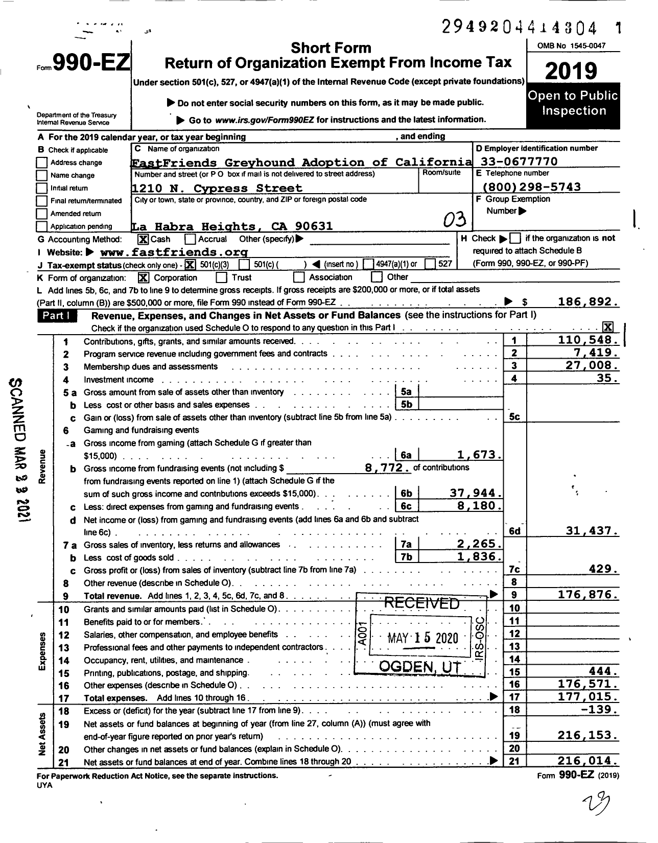 Image of first page of 2019 Form 990EZ for FastFriends Greyhound Adoption of California