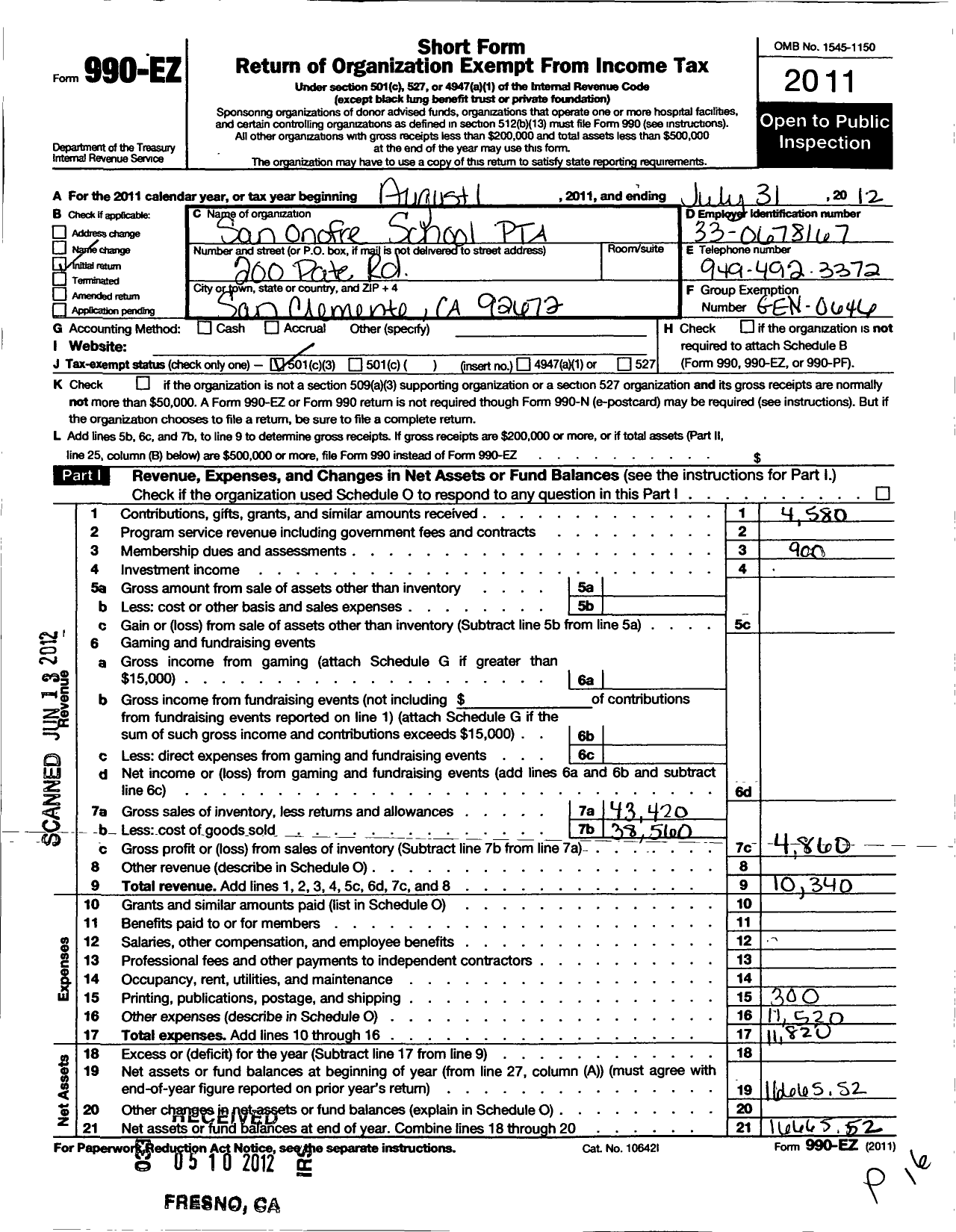 Image of first page of 2011 Form 990EZ for California State PTA - San Onofre Elementary PTA