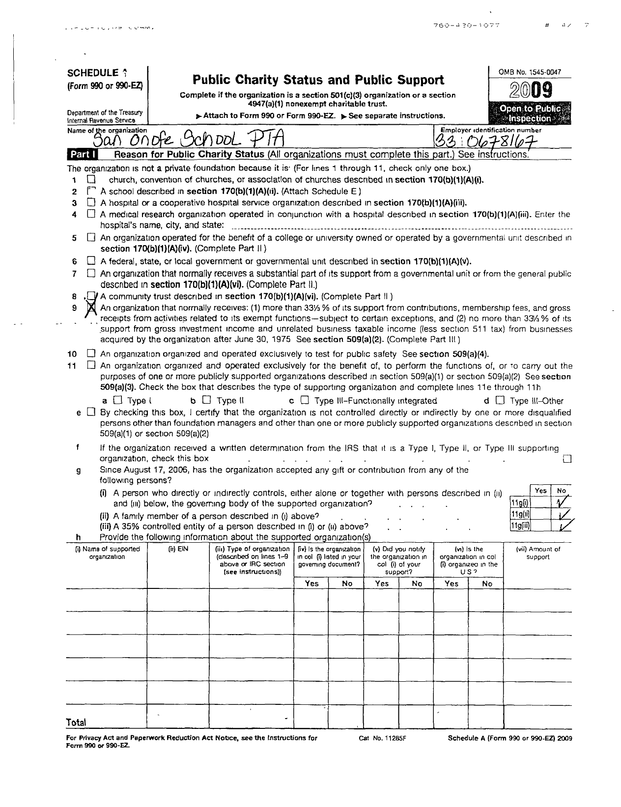 Image of first page of 2009 Form 990ER for California State PTA - San Onofre Elementary PTA