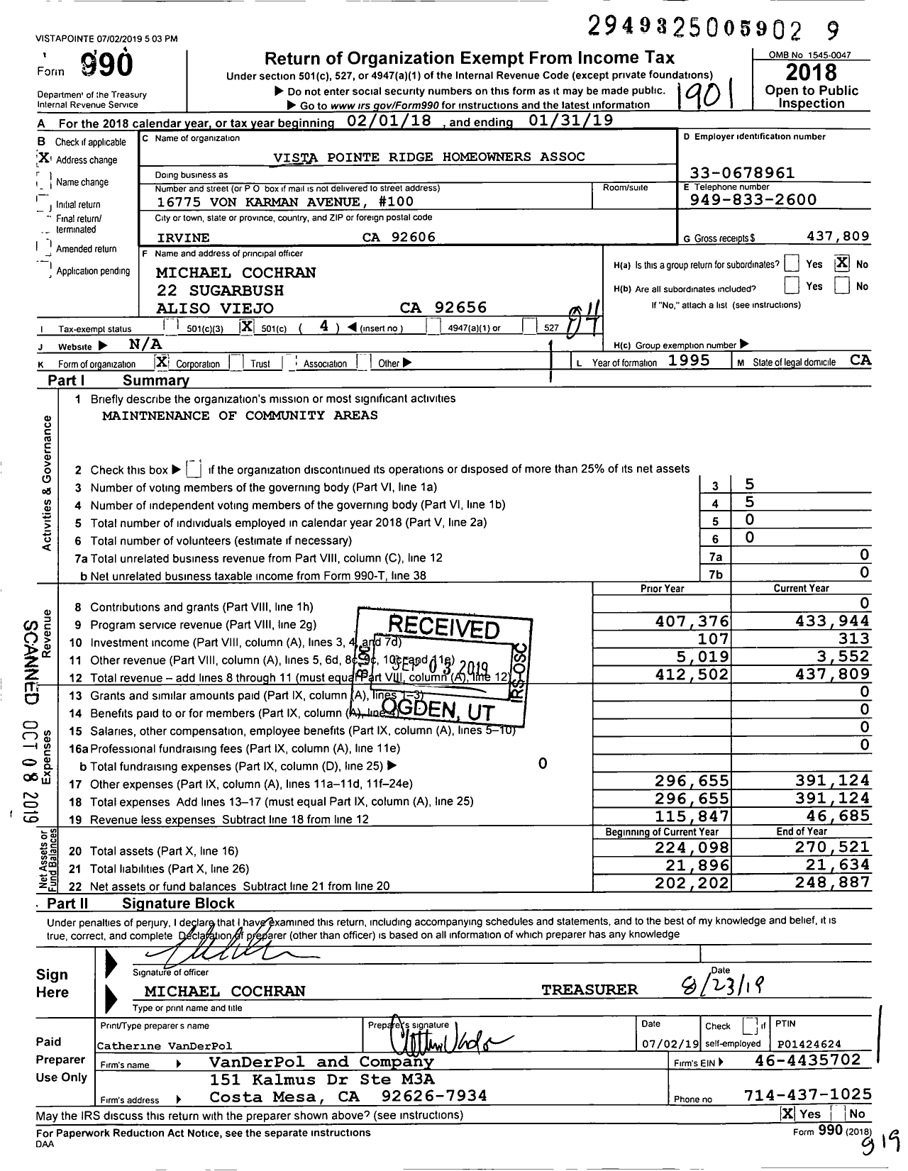 Image of first page of 2018 Form 990O for Vista Pointe Ridge Homeowners Association