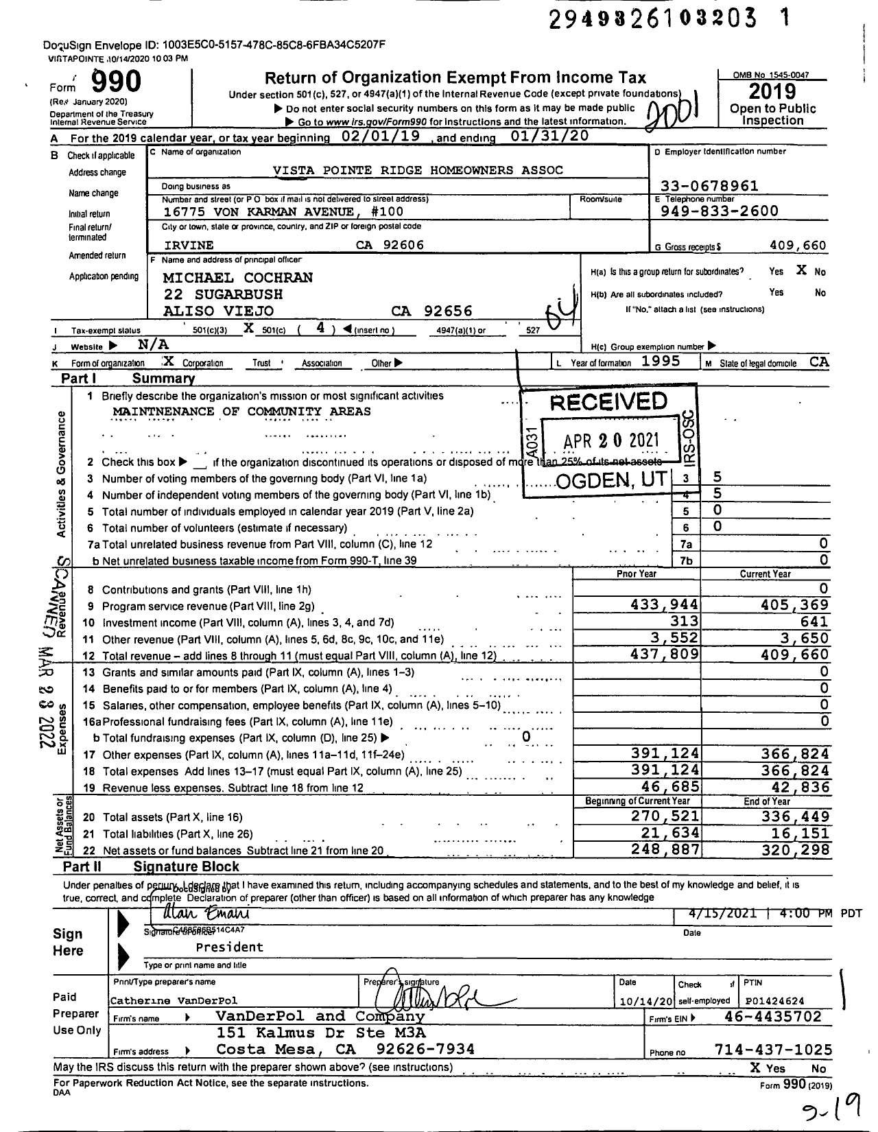 Image of first page of 2019 Form 990O for Vista Pointe Ridge Homeowners Association