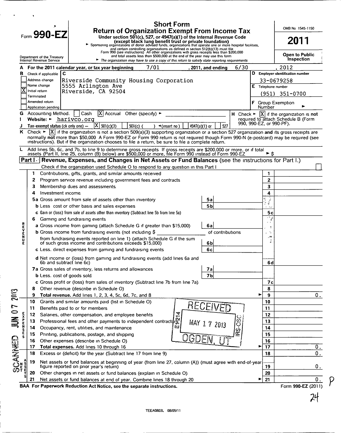 Image of first page of 2011 Form 990EZ for Riverside Community Housing Corporation
