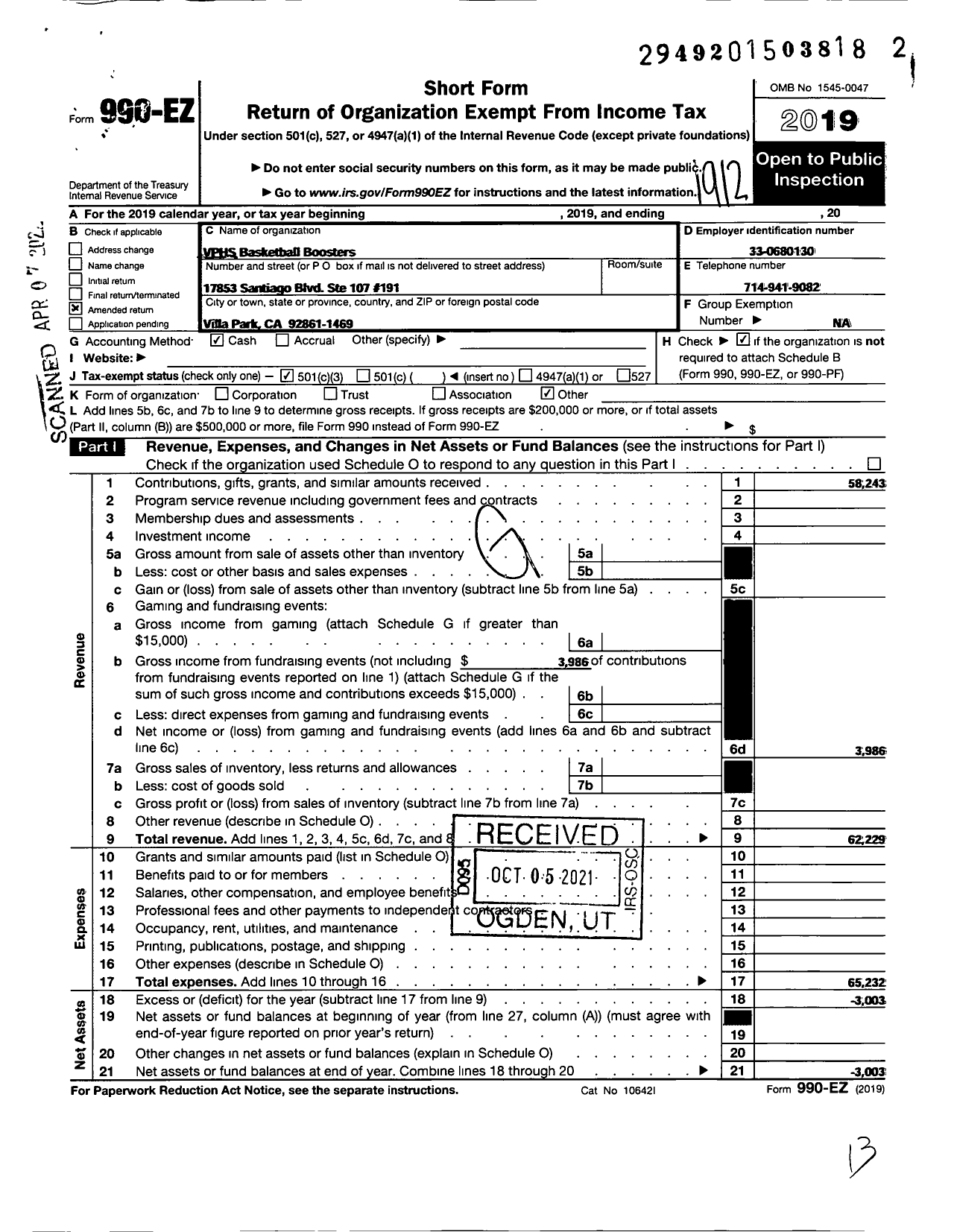 Image of first page of 2019 Form 990EZ for VPHS Basketball Boosters