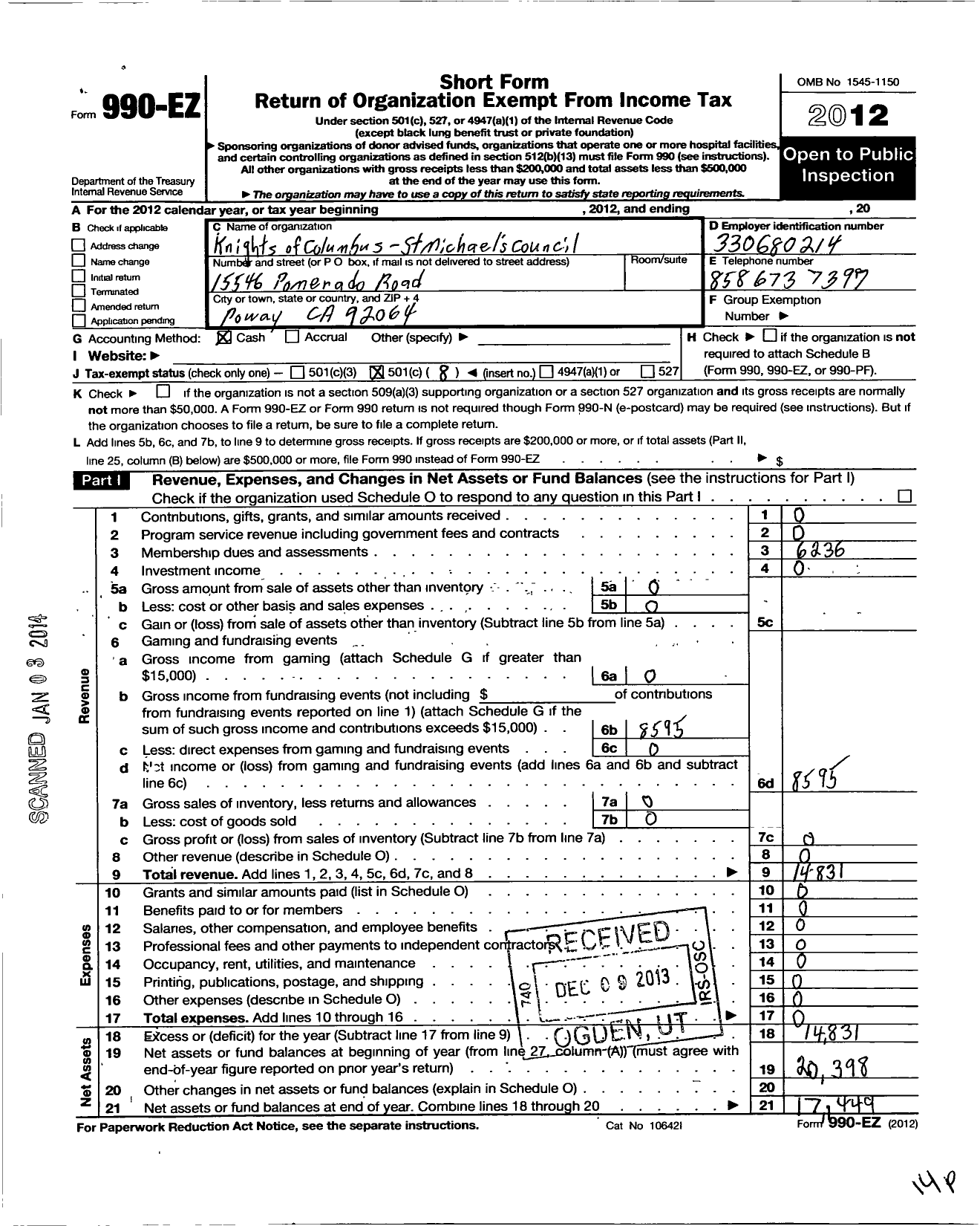 Image of first page of 2012 Form 990EO for Knights of Columbus - 11632 St Michaels Council