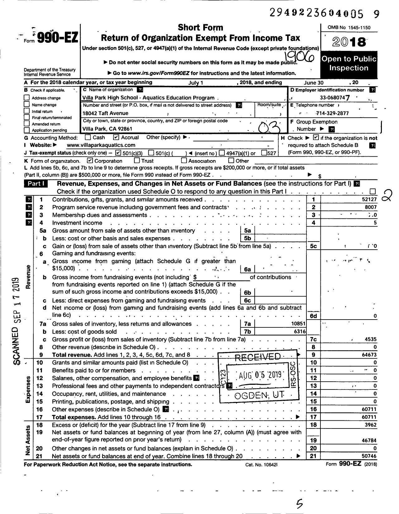 Image of first page of 2018 Form 990EZ for Villa Park High School-Aquatics Education Program