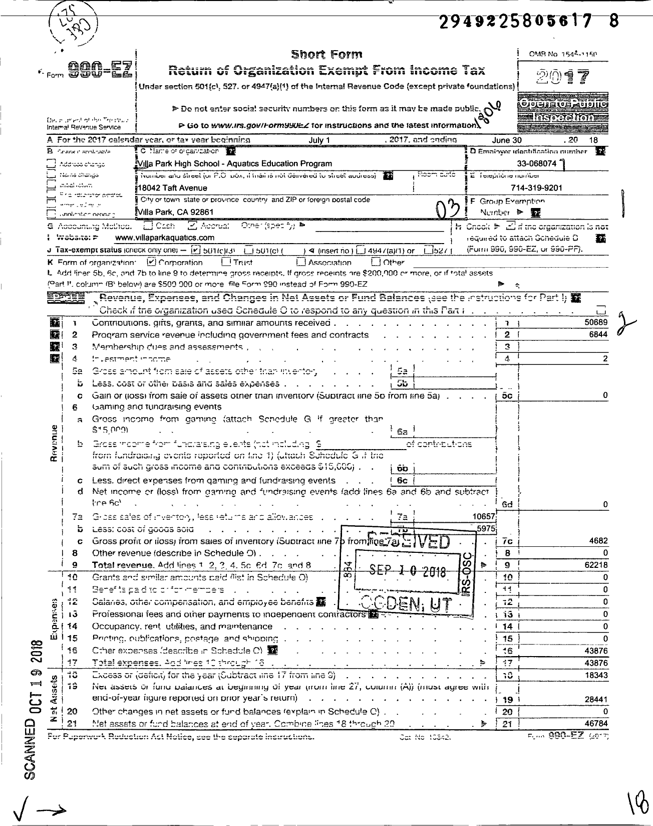 Image of first page of 2017 Form 990EZ for Villa Park High School-Aquatics Education Program