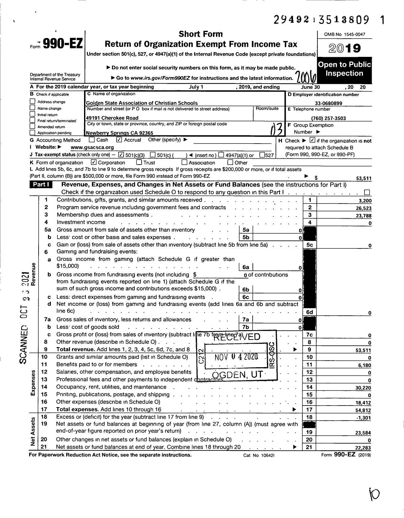 Image of first page of 2019 Form 990EZ for Golden State Association of Christian Schools