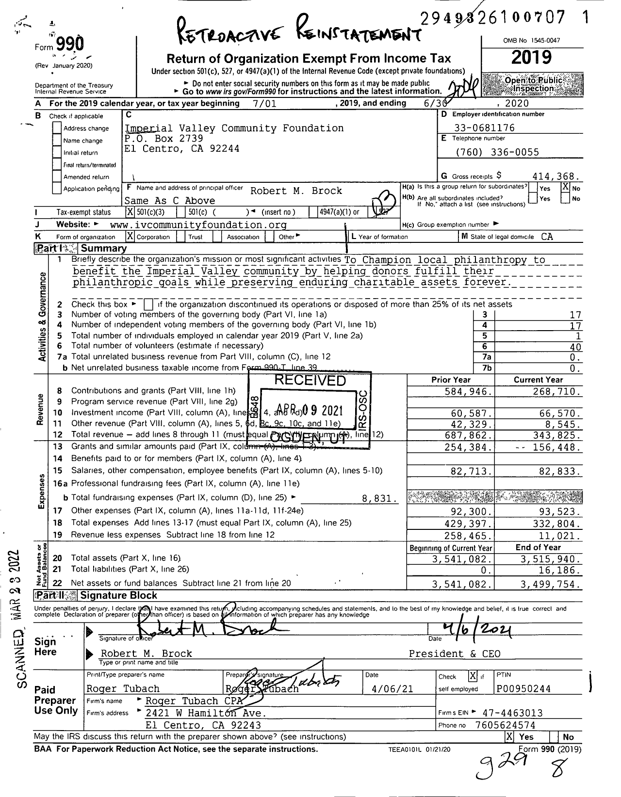 Image of first page of 2019 Form 990 for Imperial Valley Community Foundation