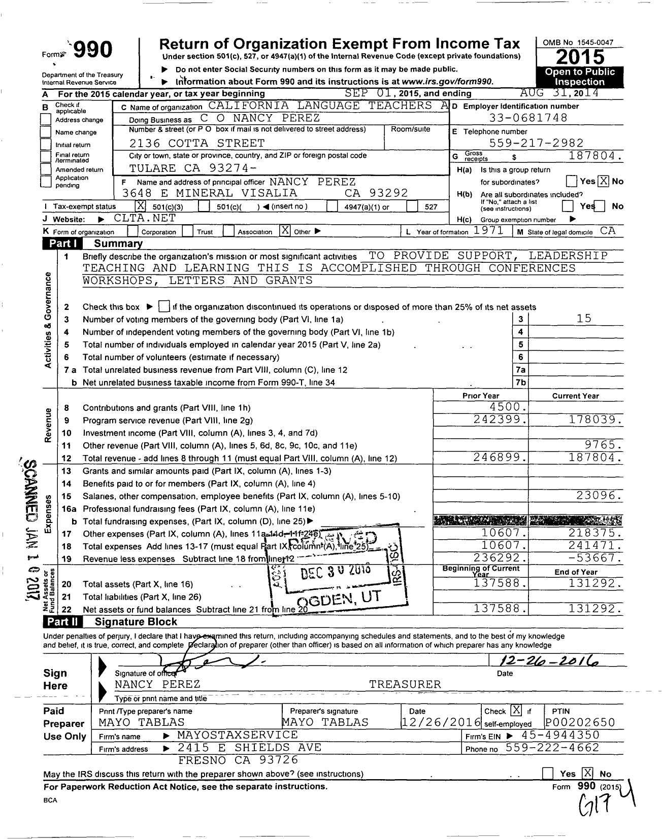 Image of first page of 2013 Form 990 for California Language Teachers Association