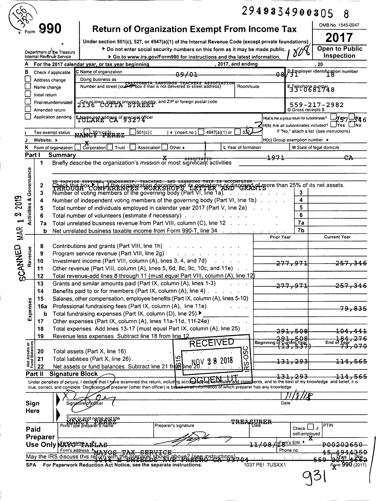 Image of first page of 2017 Form 990 for California Language Teachers Association