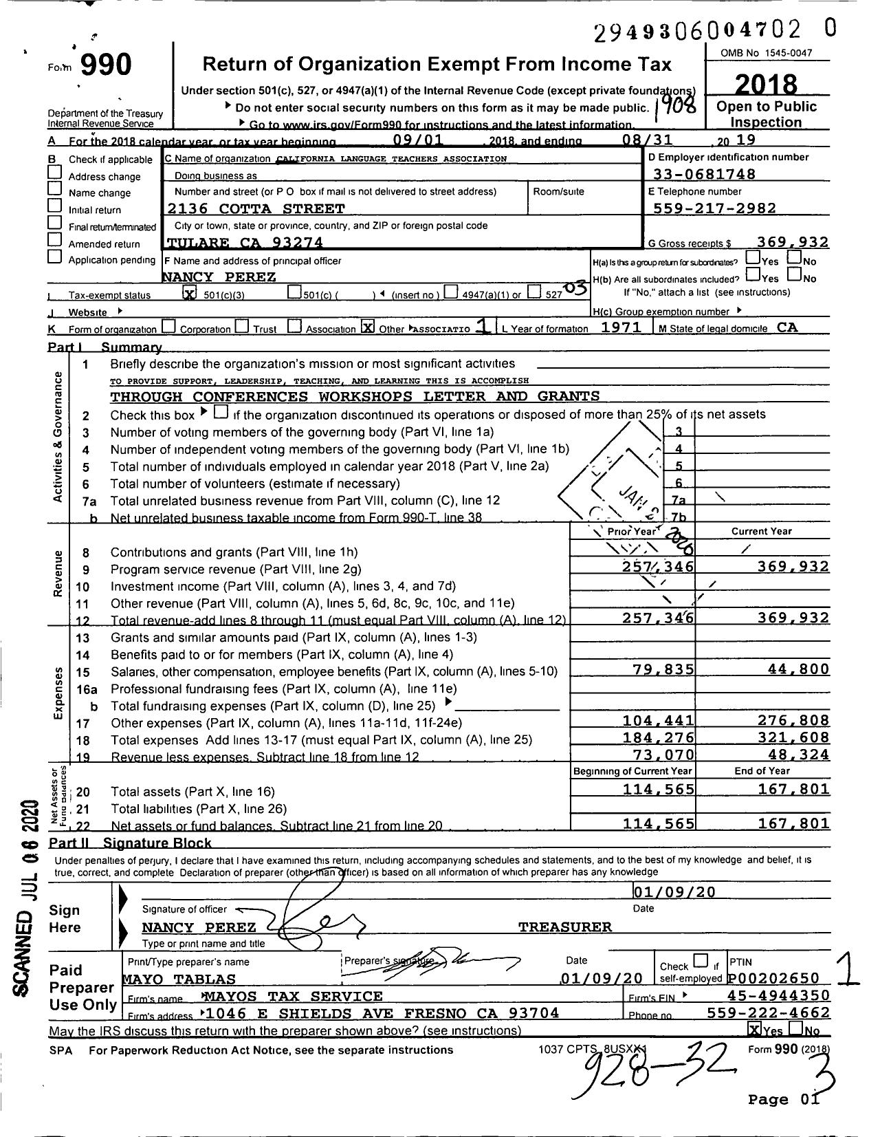 Image of first page of 2018 Form 990 for California Language Teachers Association