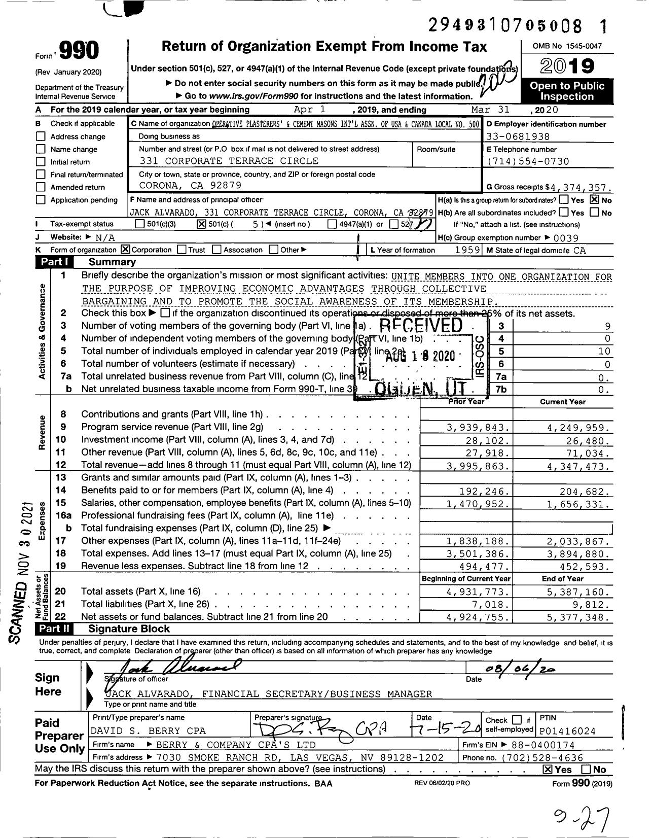 Image of first page of 2019 Form 990O for Operative Plasterers' and Cement Masons' International Association - Opcmia Local 500