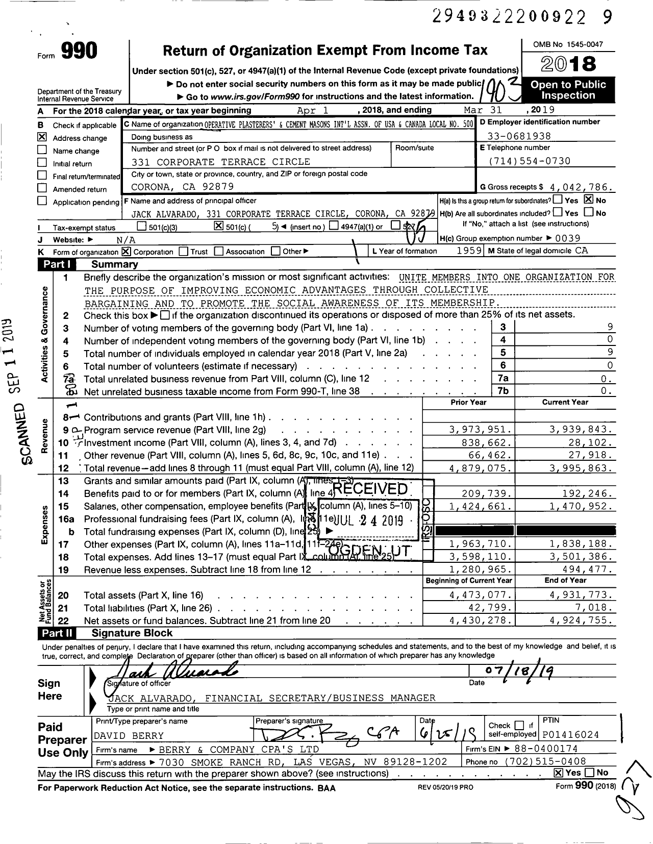 Image of first page of 2018 Form 990O for Operative Plasterers' and Cement Masons' International Association - Opcmia Local 500