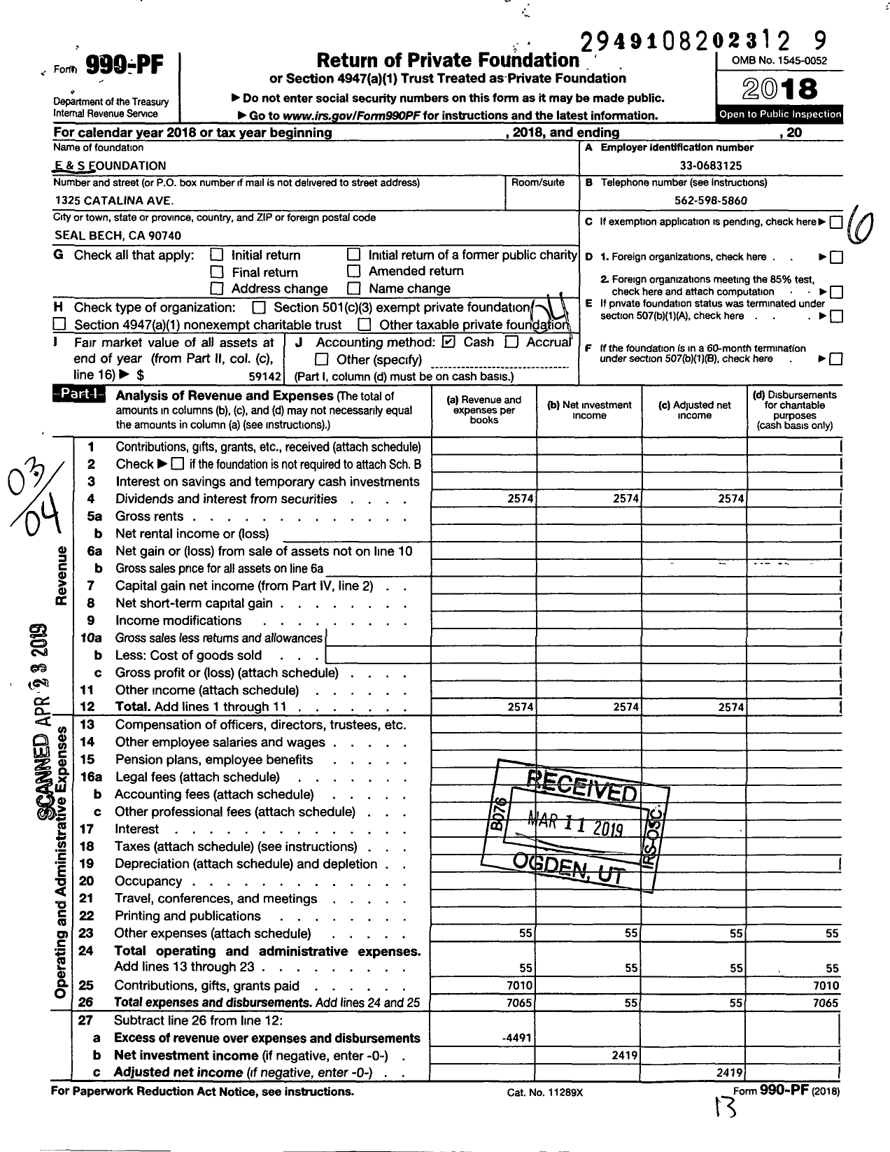 Image of first page of 2018 Form 990PF for E and S Hirsch Foundation A Calif Nonprofit Public Ben Corporation