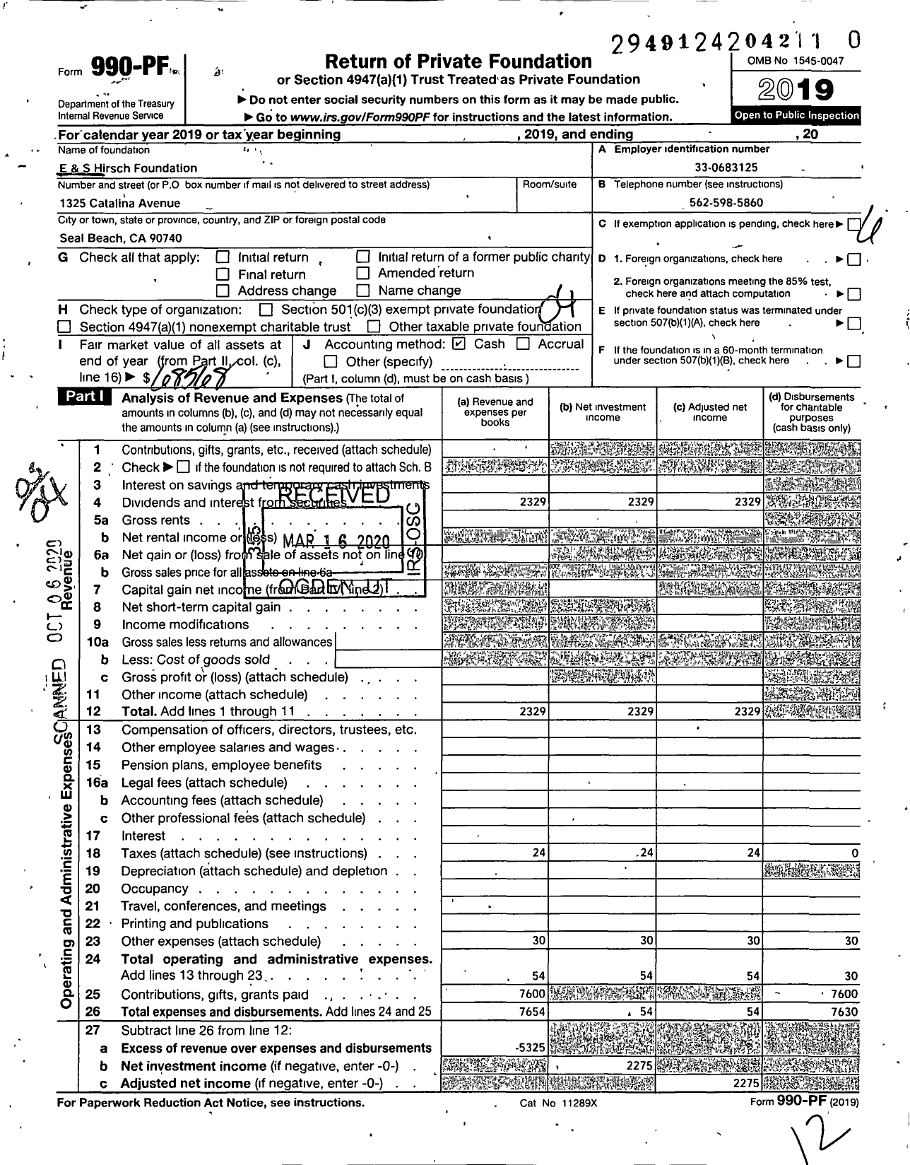 Image of first page of 2019 Form 990PR for E and S Hirsch Foundation A Calif Nonprofit Public Ben Corporation