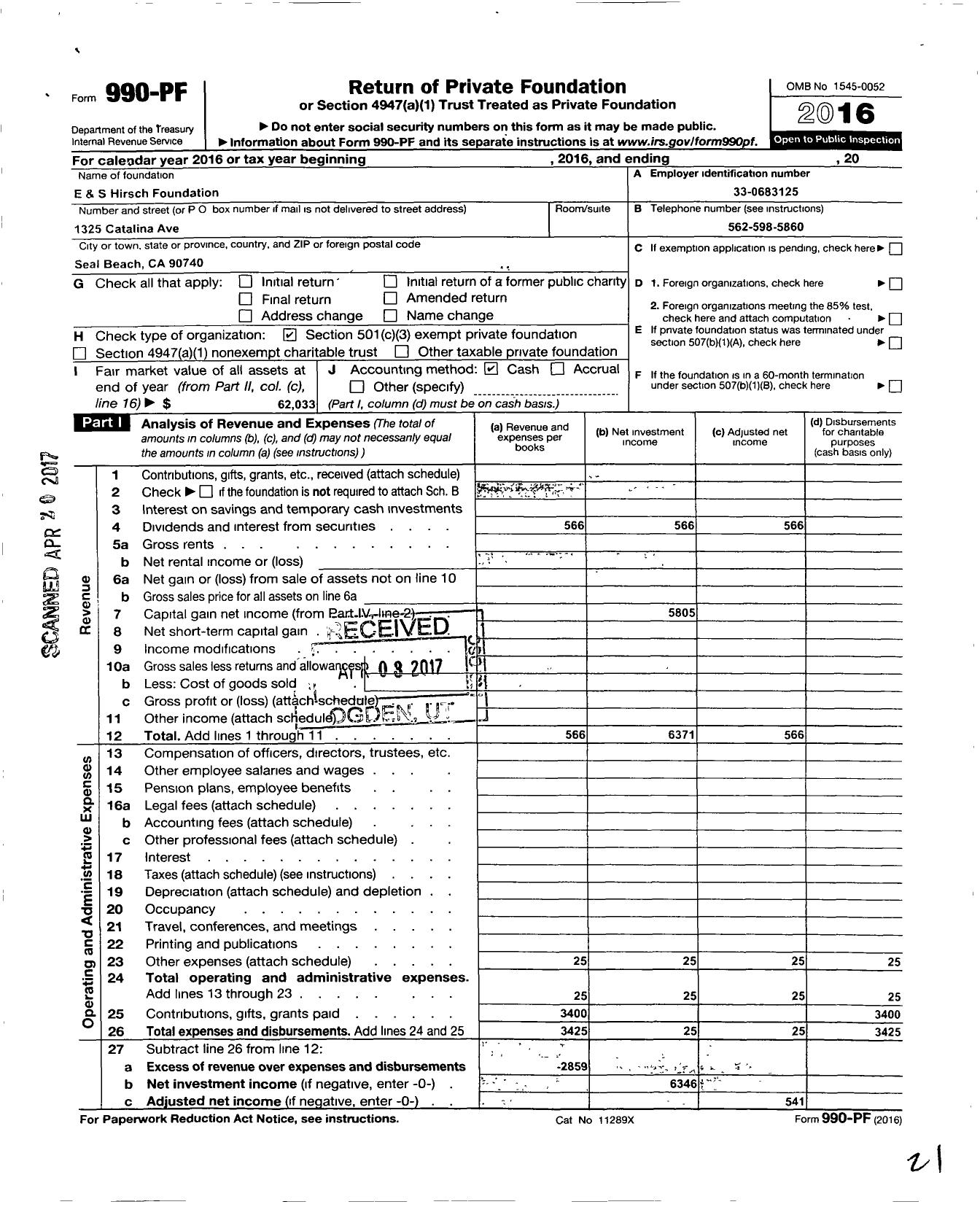 Image of first page of 2016 Form 990PF for E and S Hirsch Foundation A Calif Nonprofit Public Ben Corporation