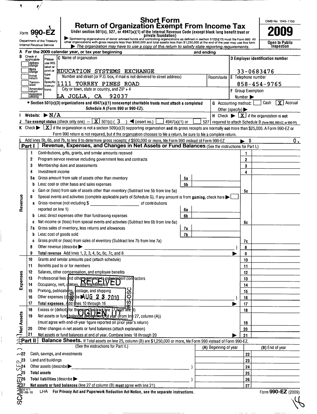 Image of first page of 2009 Form 990EZ for Education Systems Exchange