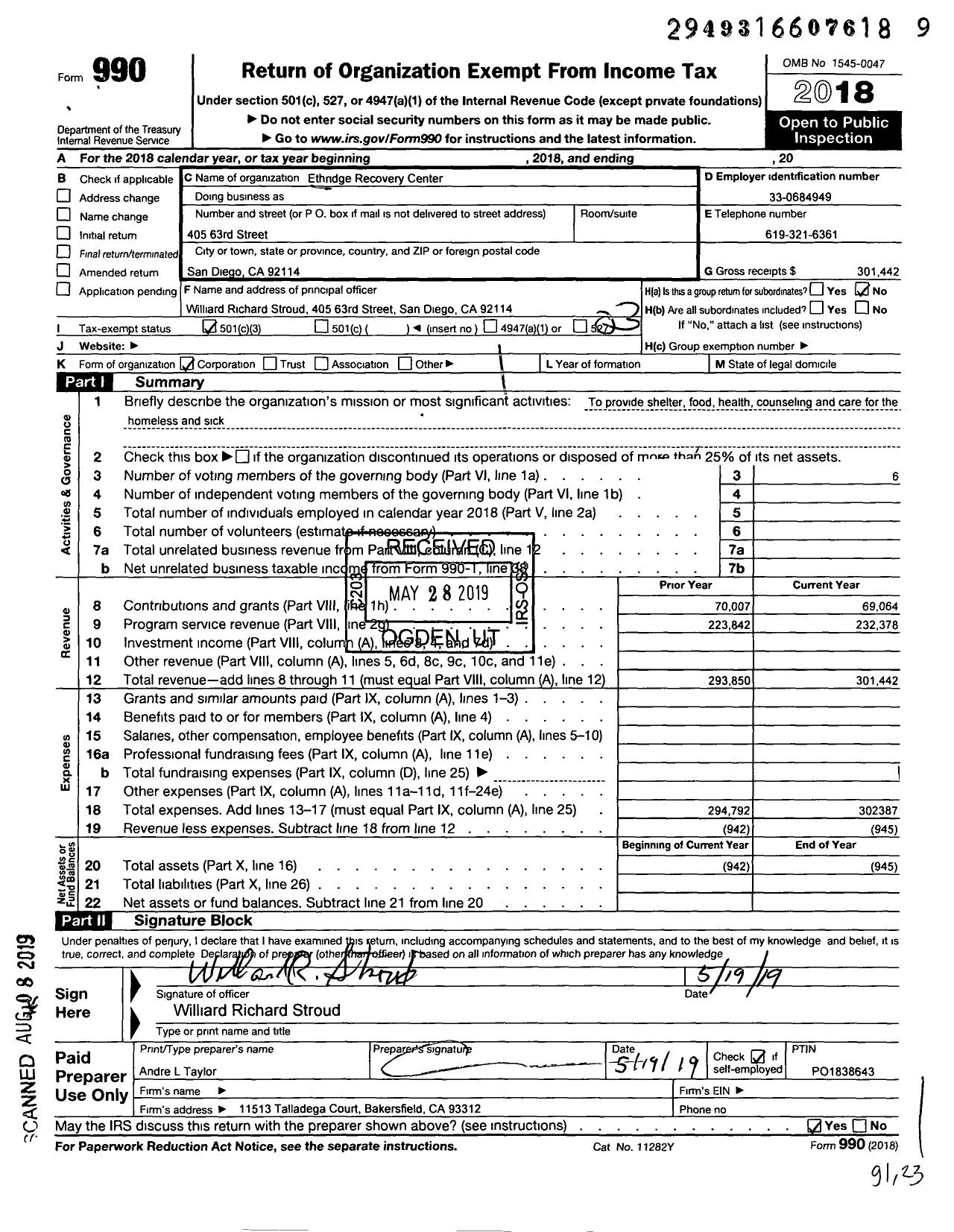 Image of first page of 2018 Form 990 for Ethridge Recovery Center