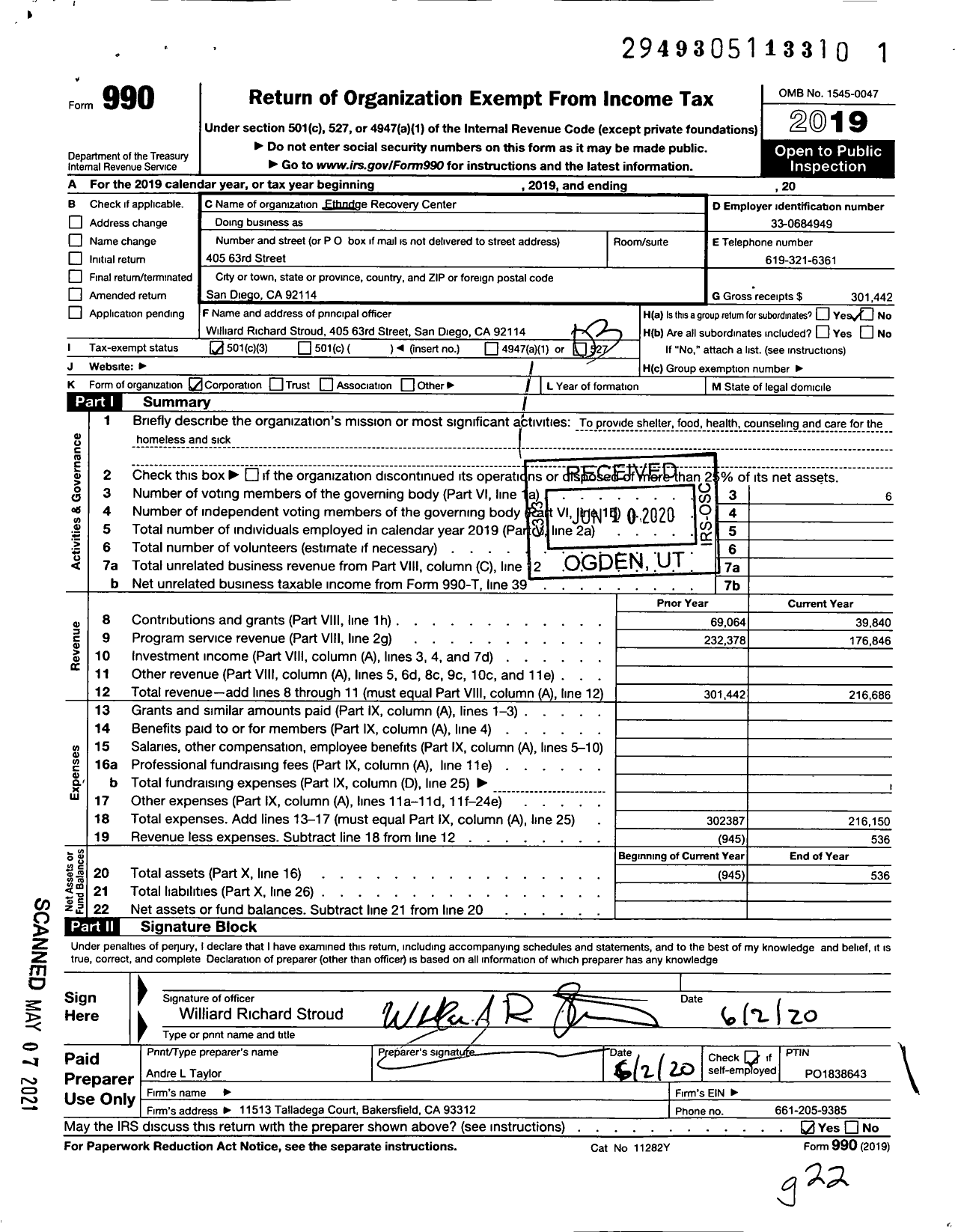 Image of first page of 2019 Form 990 for Ethridge Recovery Center