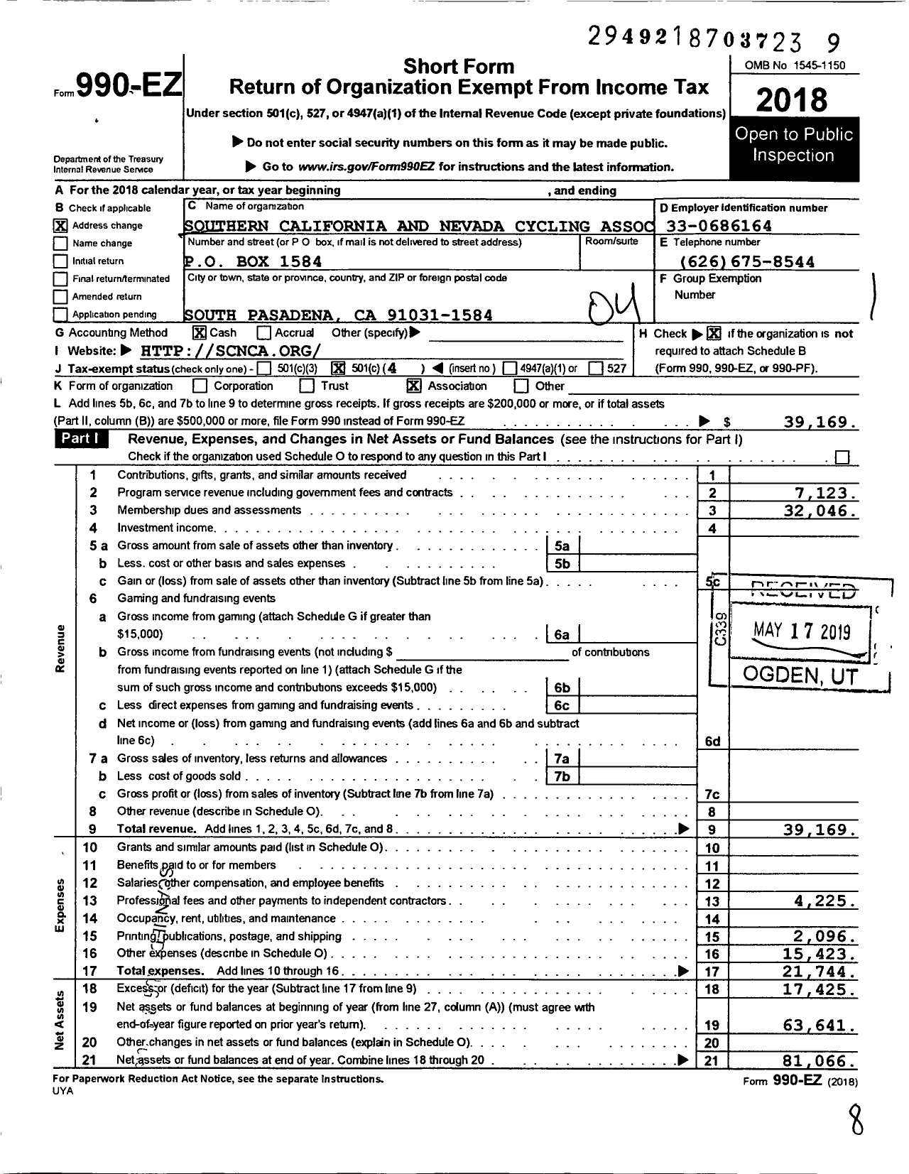 Image of first page of 2018 Form 990EO for Southern California and Nevada Cycling Association (SCNCA)