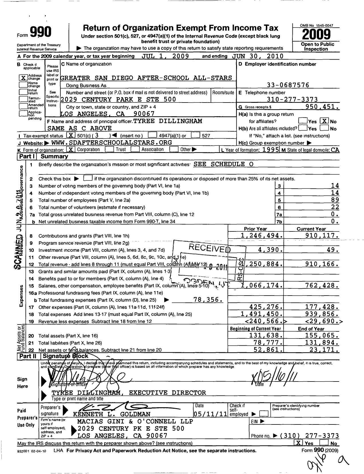 Image of first page of 2009 Form 990 for Greater San Diego After-School All-Stars