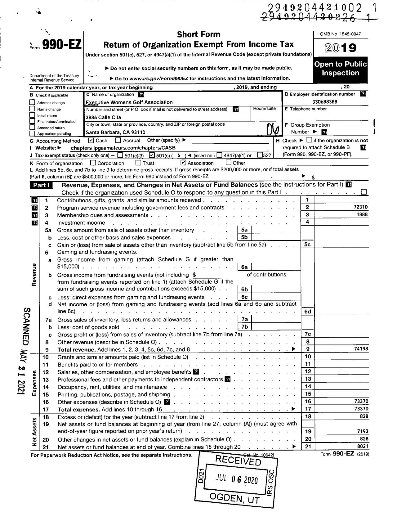 Image of first page of 2019 Form 990EO for Excutive Womens Golf Association / Amateur Golf Assoc Santa Barbara CH