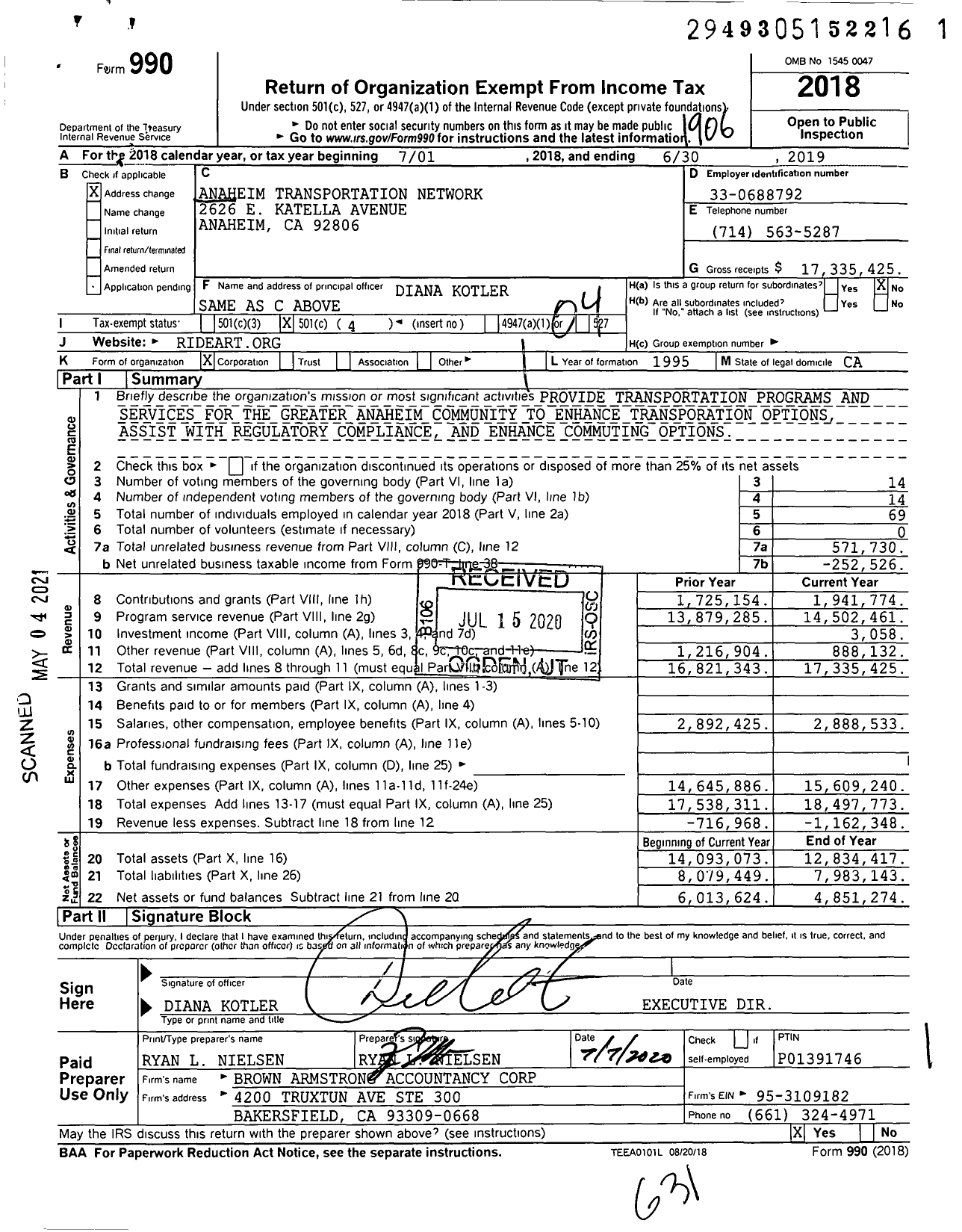 Image of first page of 2018 Form 990O for Anaheim Transportation Network