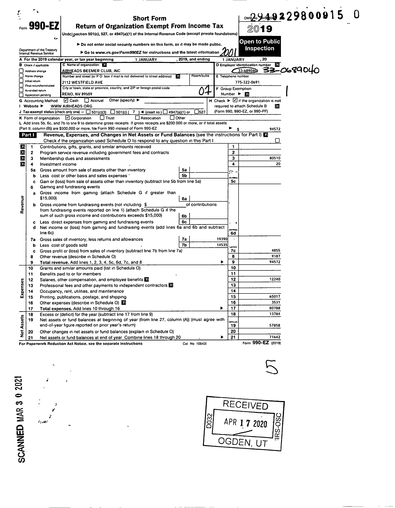 Image of first page of 2019 Form 990EO for Airheads Beemer Club