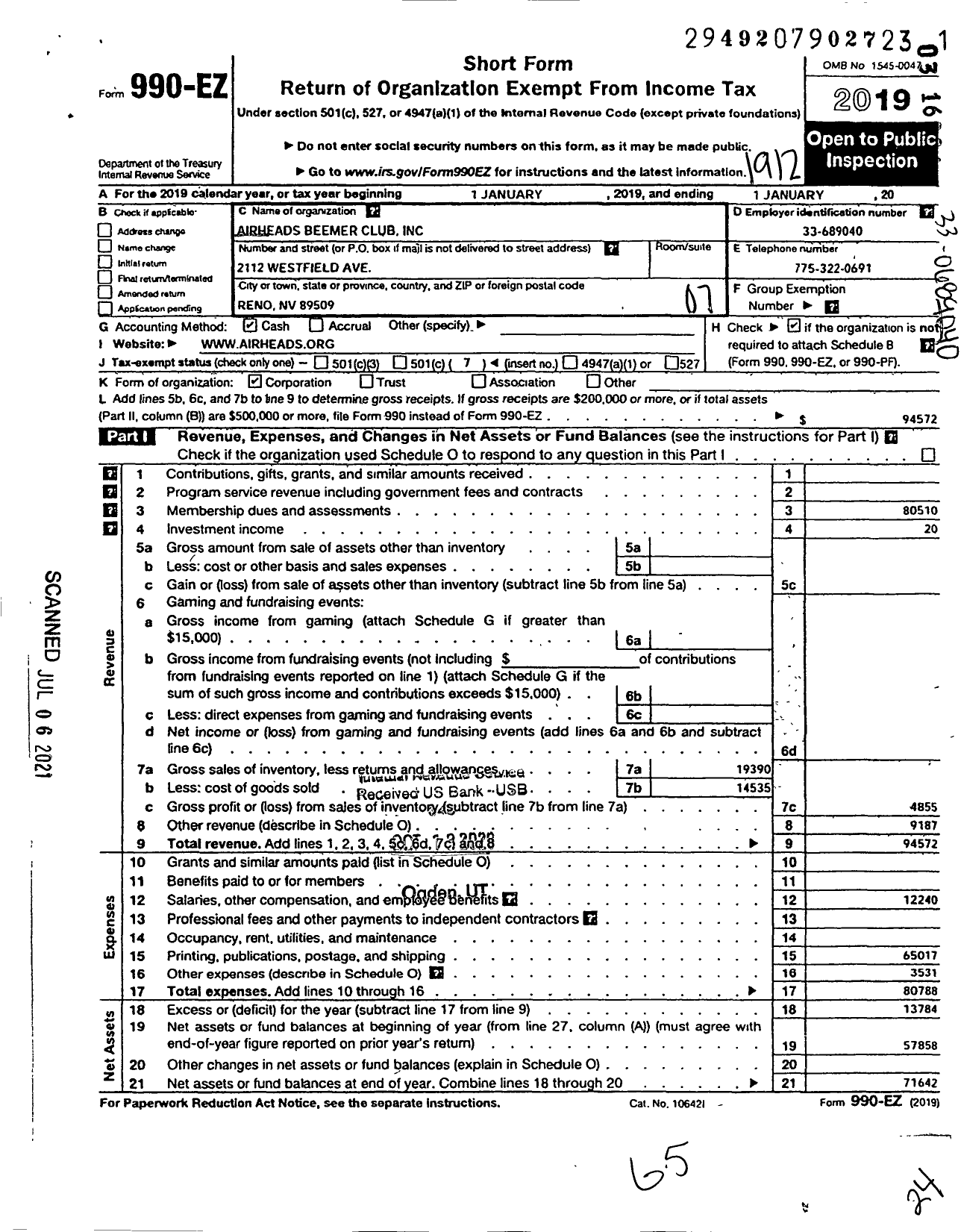 Image of first page of 2019 Form 990EO for Airheads Beemer Club