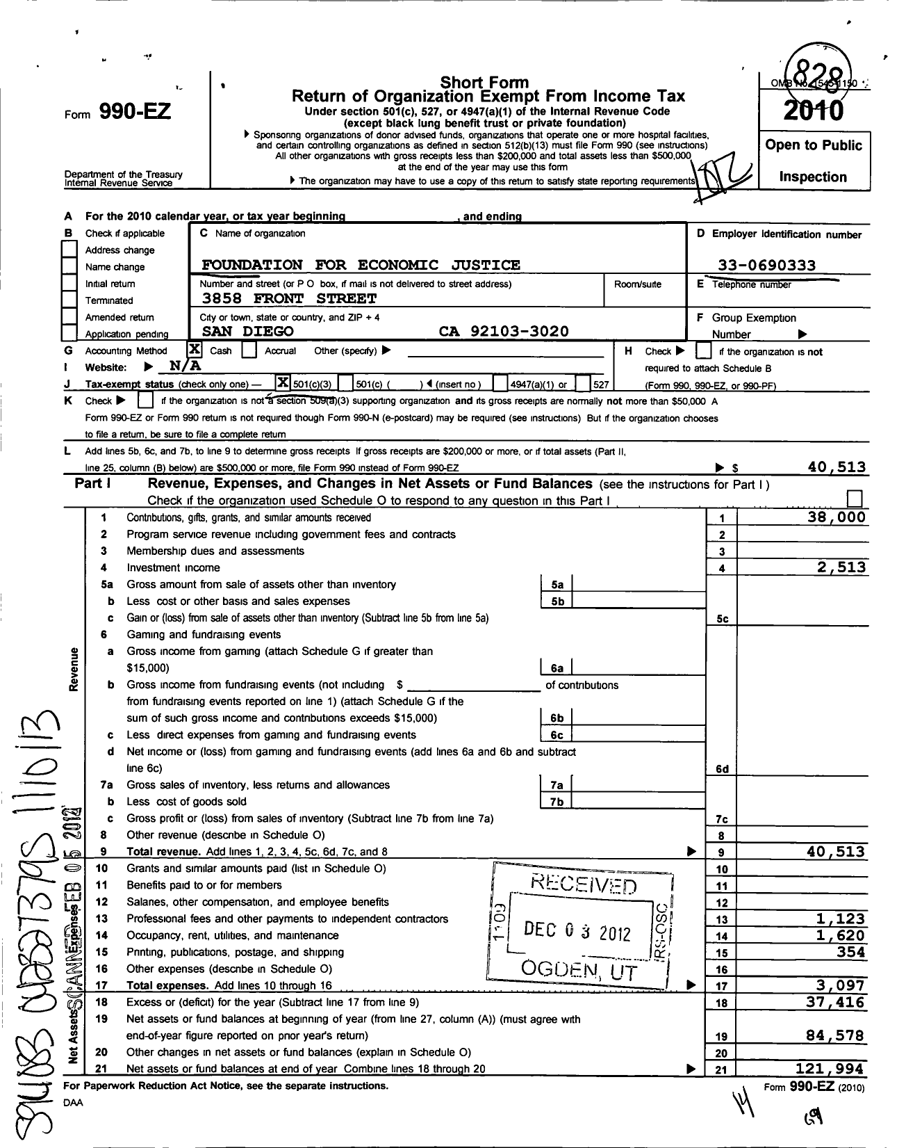 Image of first page of 2010 Form 990EZ for Foundation for Economic Justice