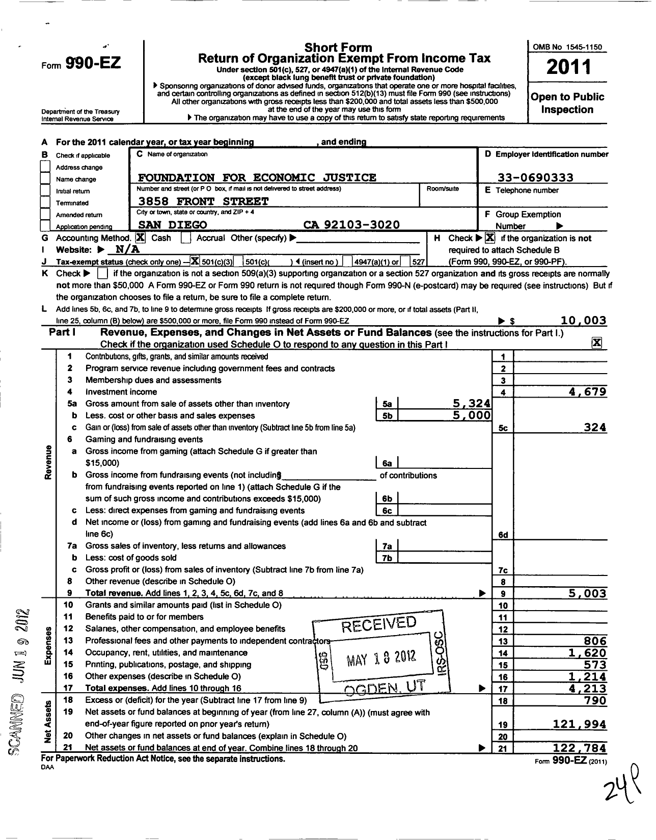 Image of first page of 2011 Form 990EZ for Foundation for Economic Justice