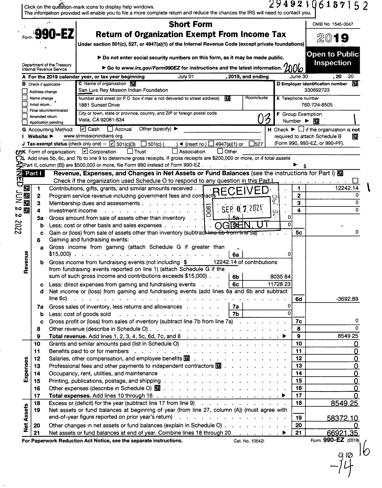 Image of first page of 2019 Form 990EZ for San Luis Rey Mission Indian Foundation