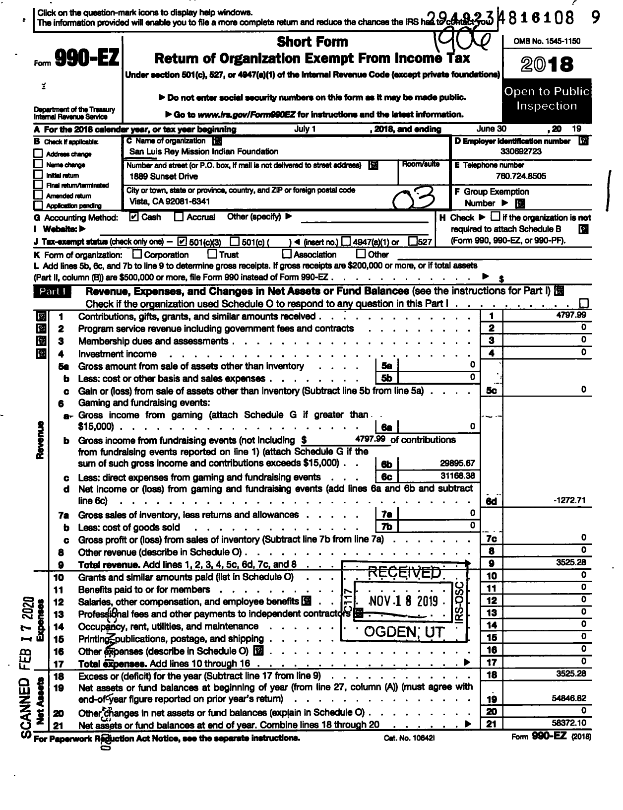 Image of first page of 2018 Form 990EZ for San Luis Rey Mission Indian Foundation