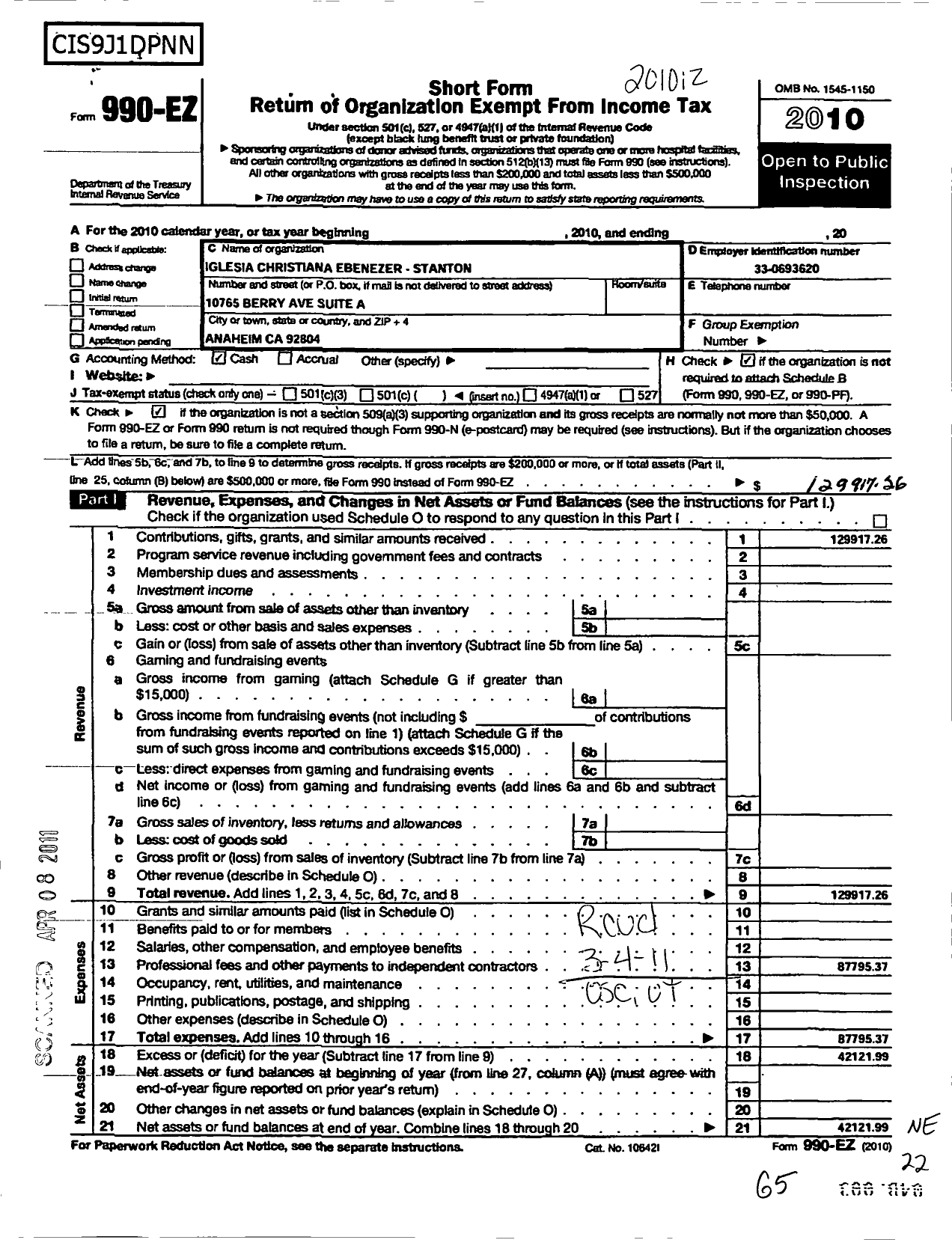 Image of first page of 2010 Form 990EO for Iglesia Cristiana Ebenezer Pentecostes