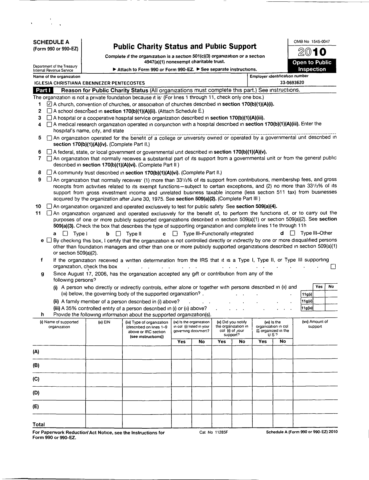 Image of first page of 2010 Form 990ER for Iglesia Cristiana Ebenezer Pentecostes