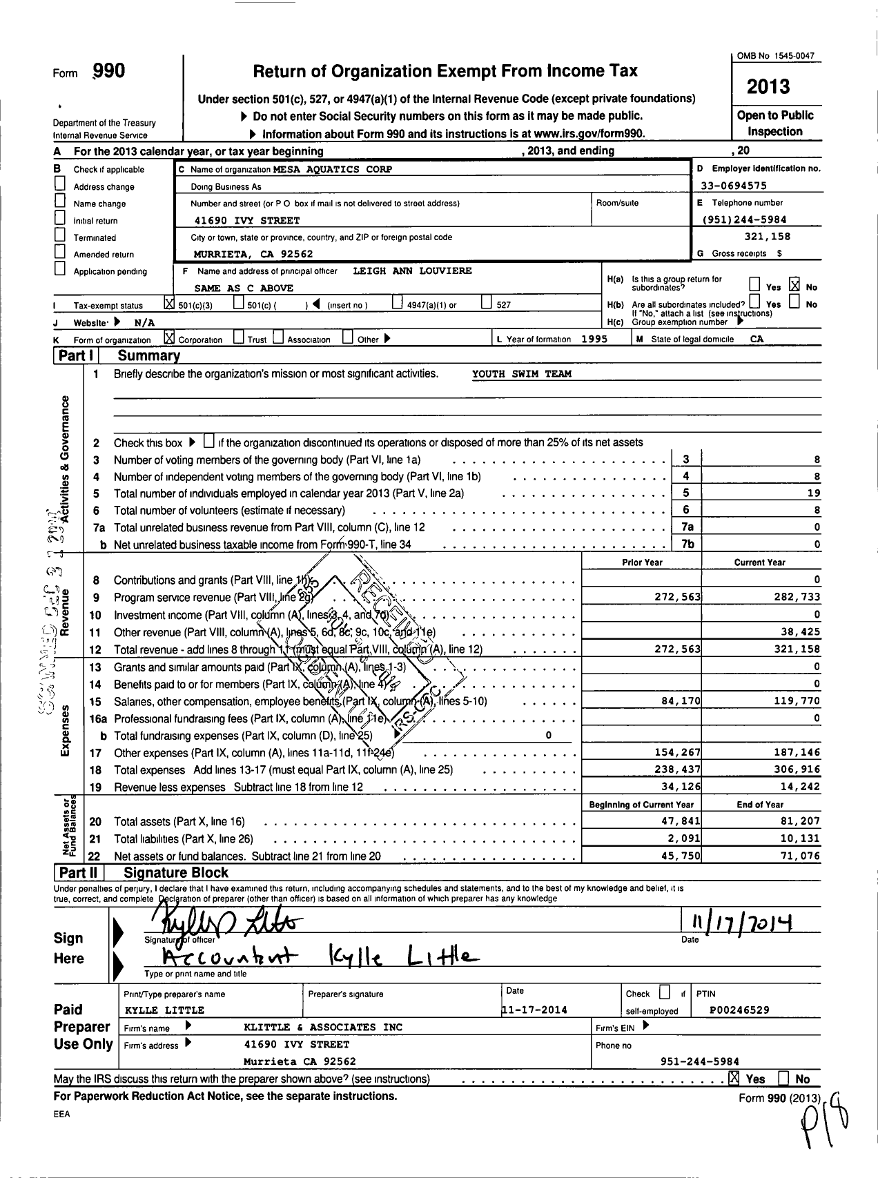 Image of first page of 2013 Form 990 for Mesa Aquatics Corporation