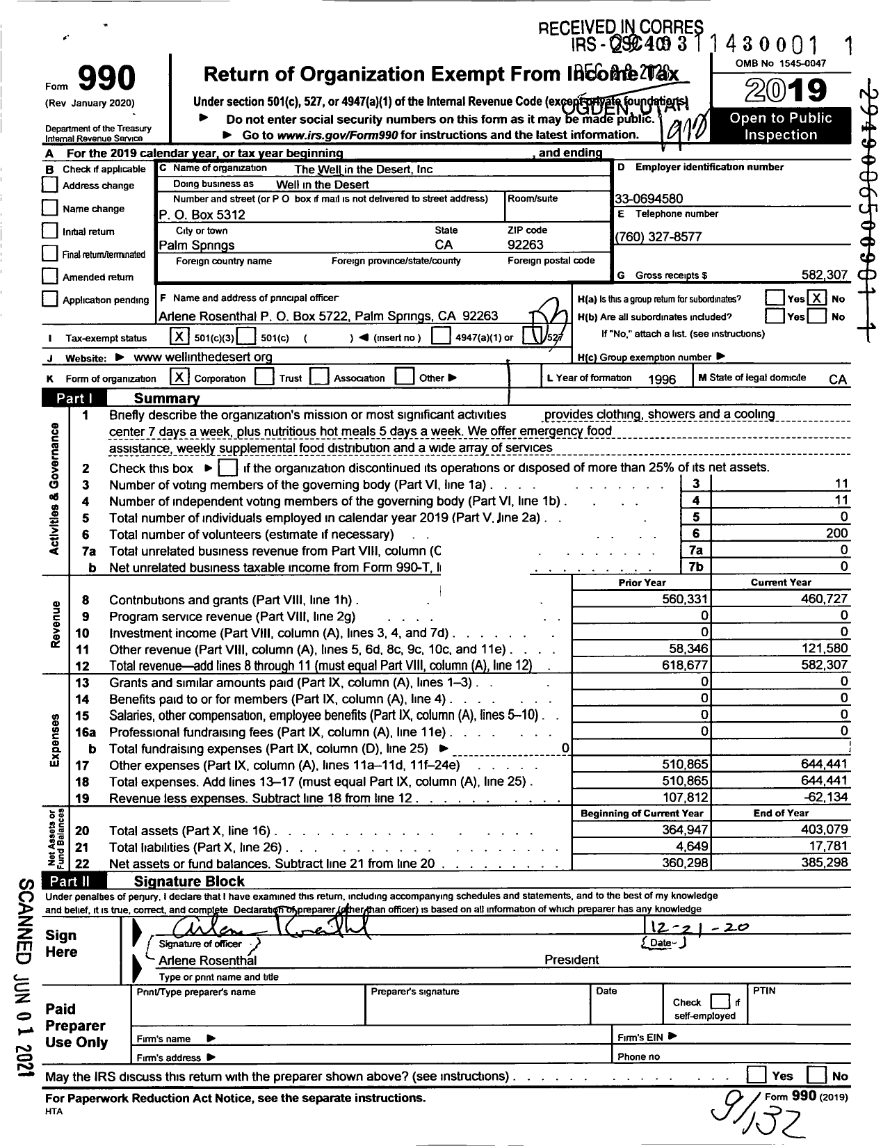 Image of first page of 2019 Form 990 for The Well in the Desert Inc Well in the Desert